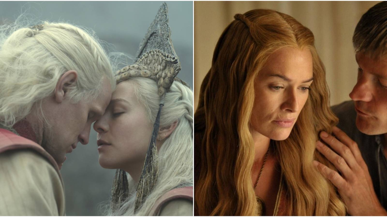 Split image of Daemon and Rhaenyra Targaryen in House of the Dragon and Cersei and Jaime Lannister in Game of Thrones.
