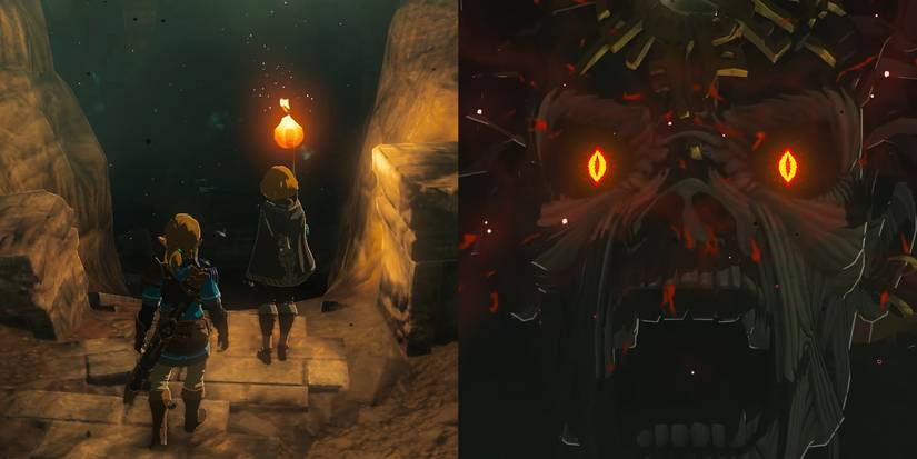 Link and Zelda descending into the depths below Hyrule and the corpse of Ganondorf in Tears of the Kingdom