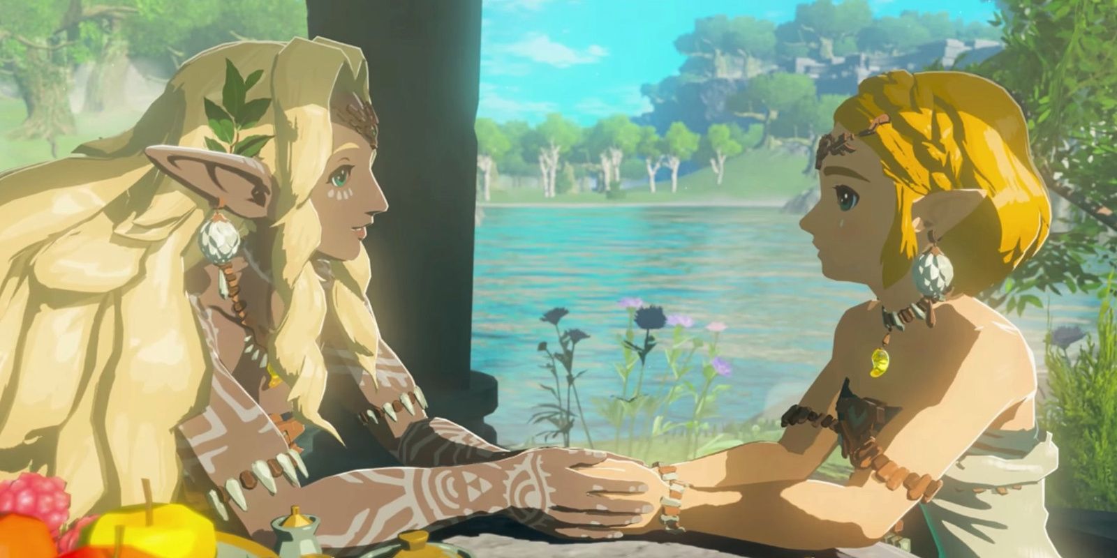 Queen Sonia and Princess Zelda holding hands in Tears of the Kingdom