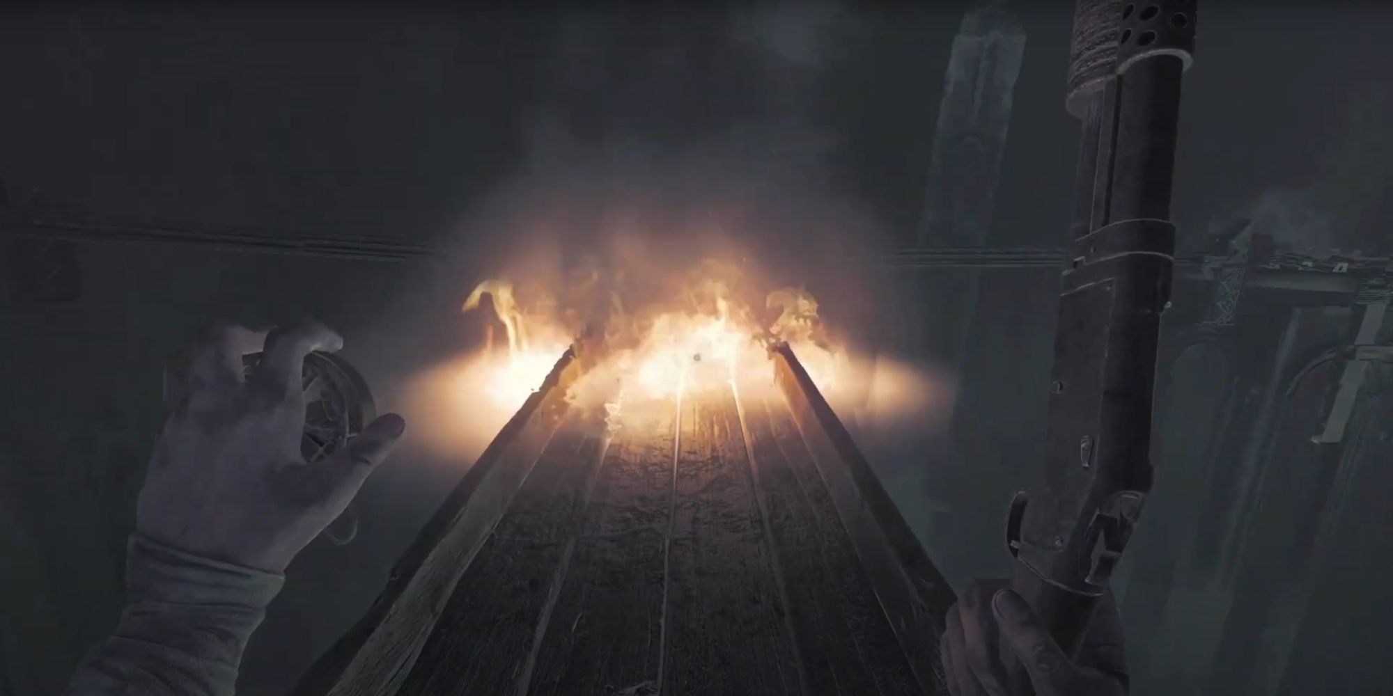 Burning wooden bridge in final encounter Amnesia: The Bunker