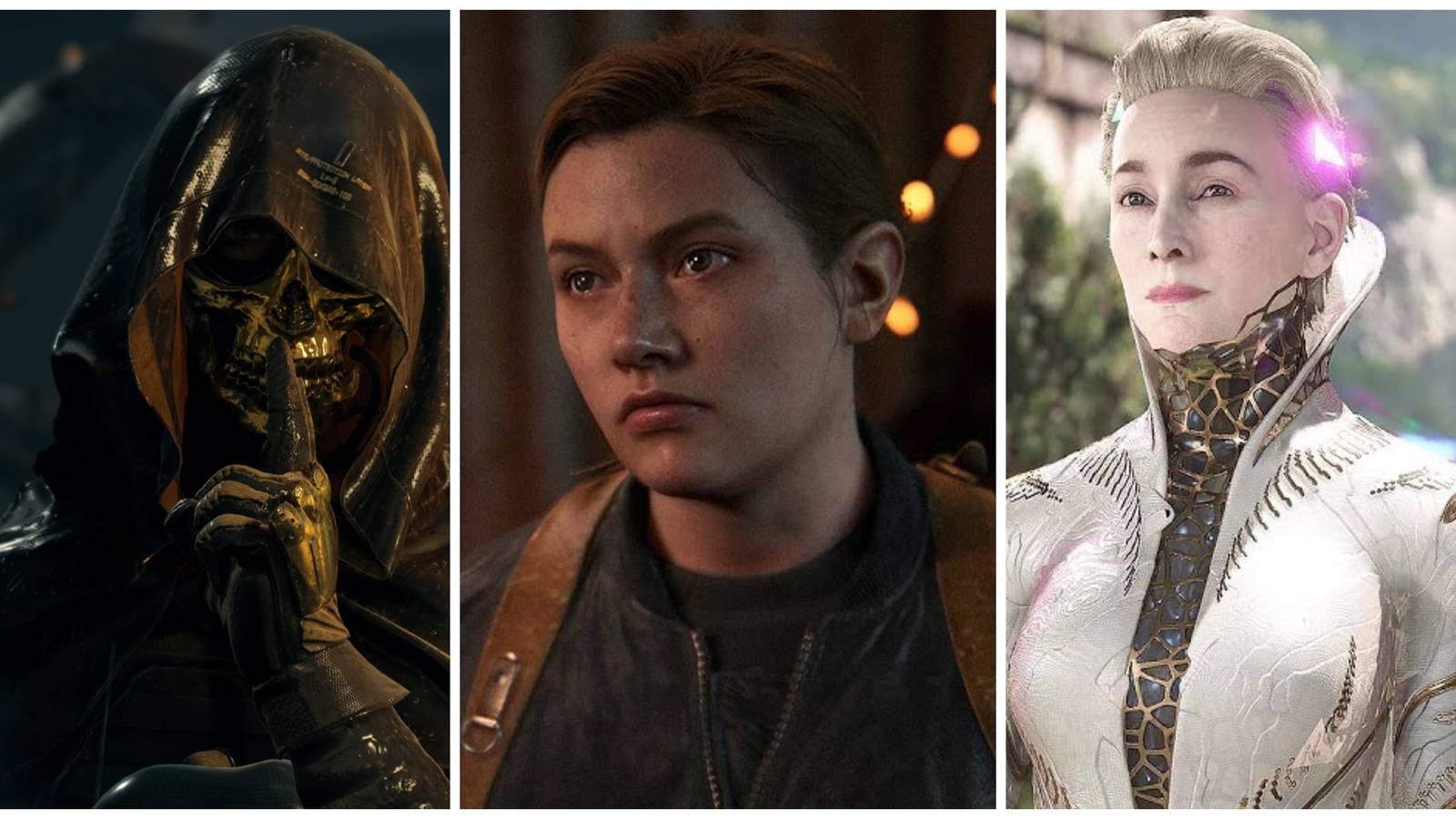 higgs from death stranding, abby from the last of us part 2, tilda from horizon forbidden west