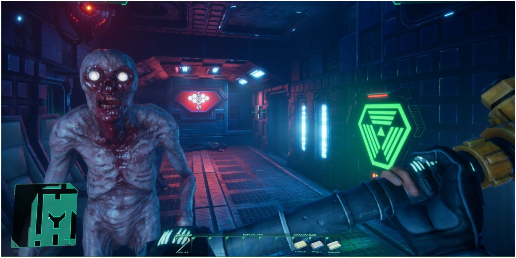 A player facing a mutant in System Shock Remake