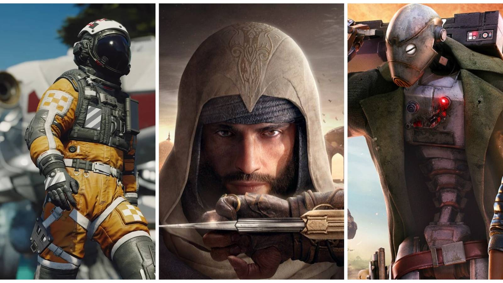 starfield astronaut walking on a planet, assassin's creed mirage protagonist, star wars outlaw droid