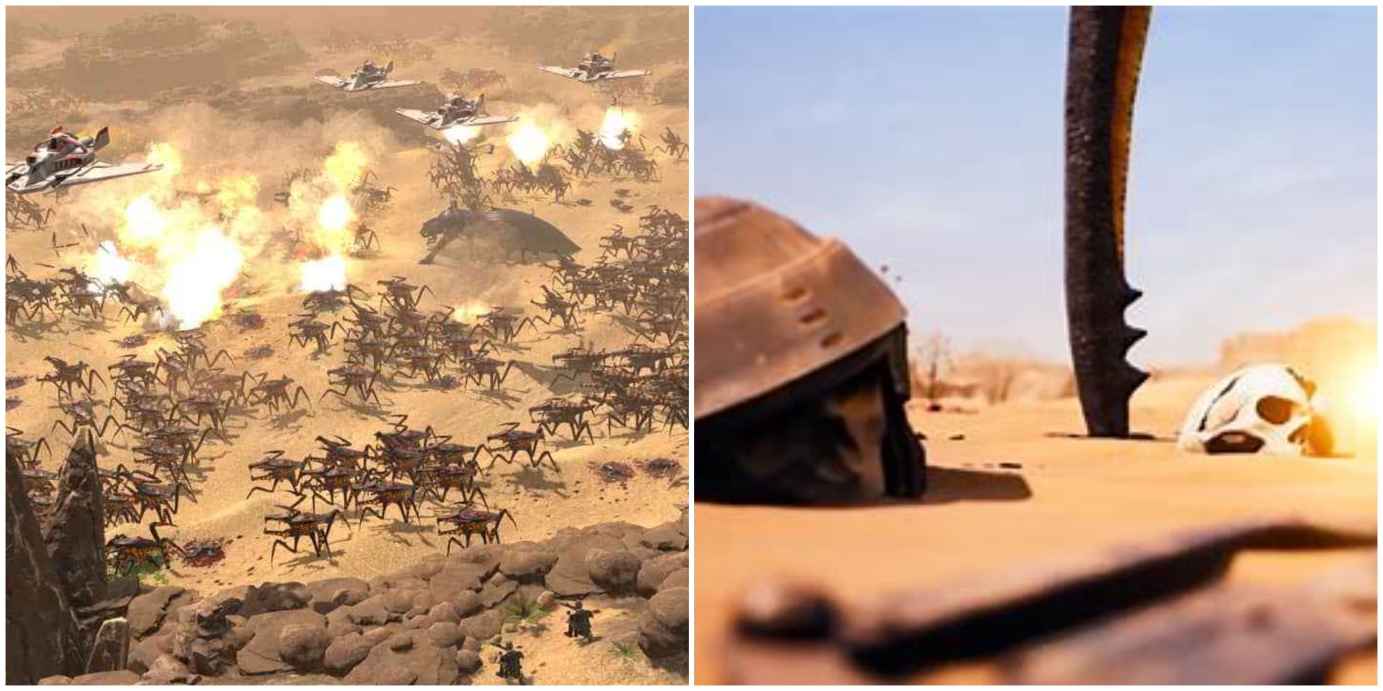 Two Images Showing Different Scenes in Starship Troopers: Extermination