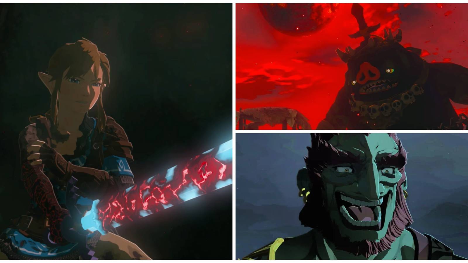 link wounded with gloom and the master sword, ganondorf laughing, the blood moon in tears of the kingdom