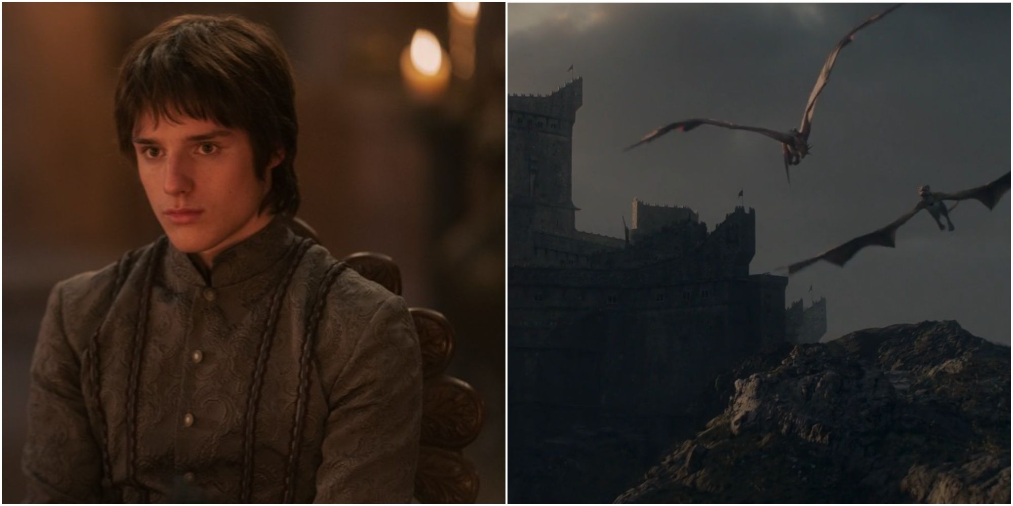 Split image of Jacaerys Velaryon and dragons leaving Dragonstone.