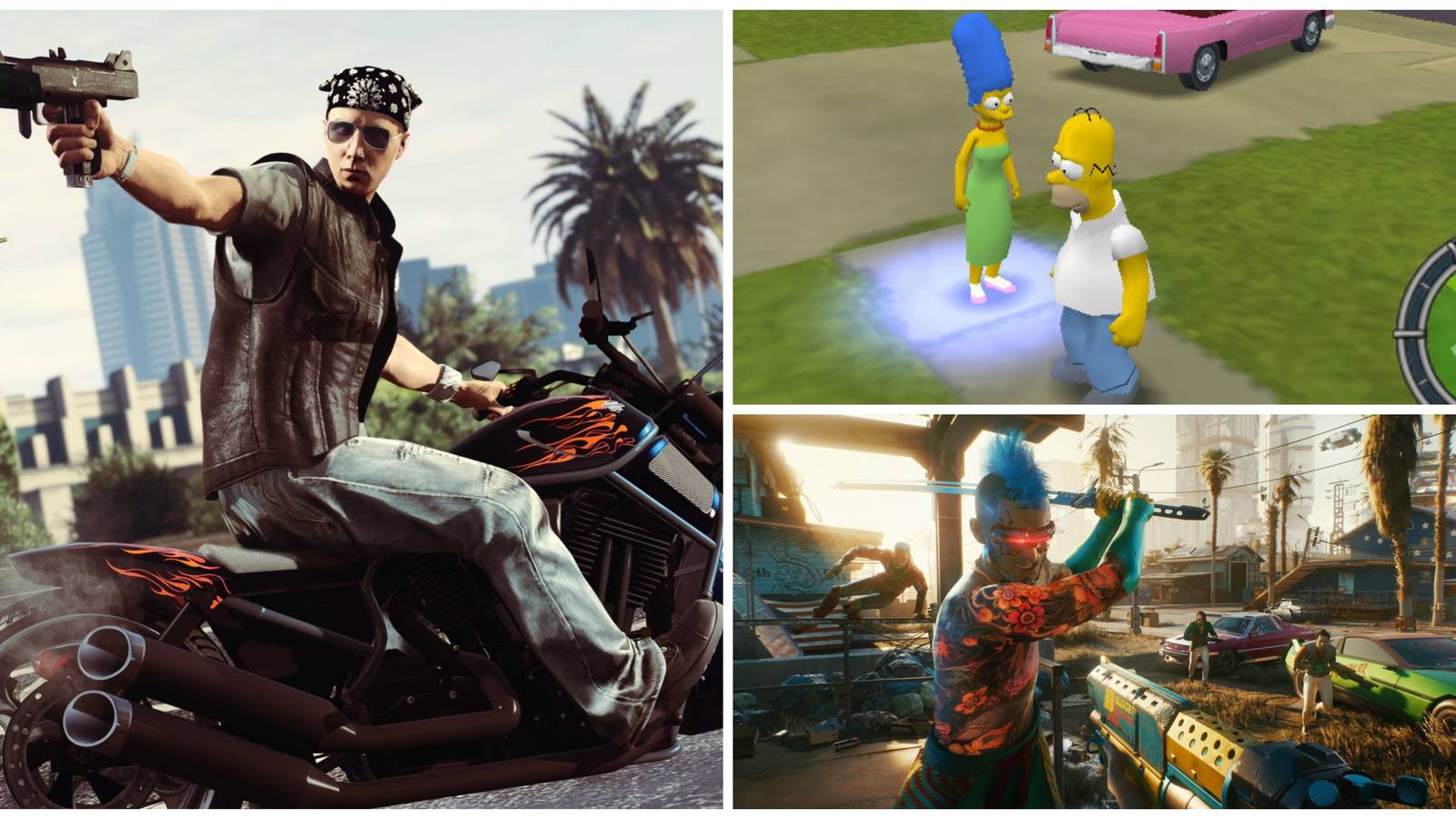 grand theft auto 5 biker, marge and homer from simpsons hit and run, cyberpunk 2077 katana wielding enemy