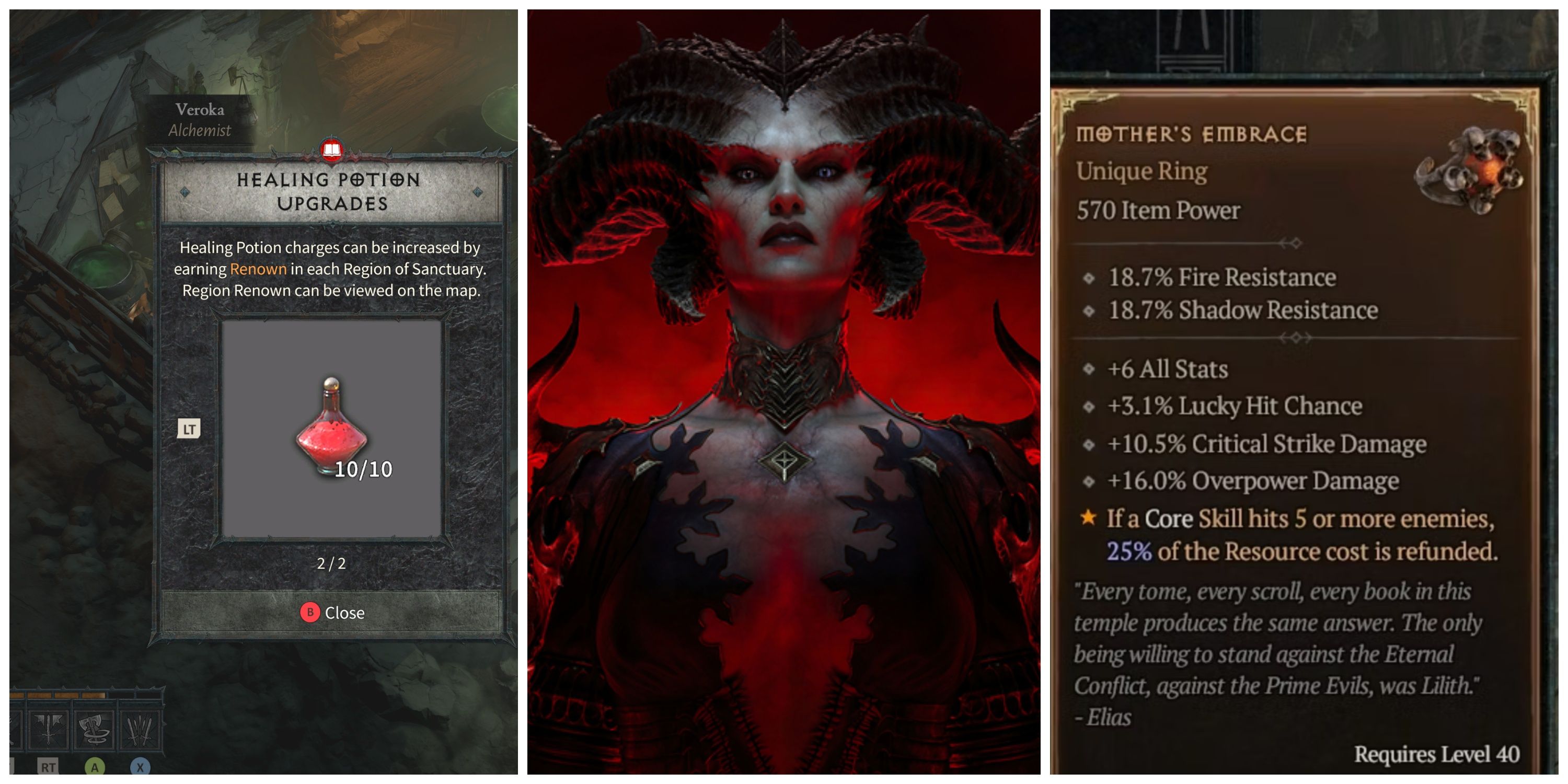 diablo 4 lilith boss, healing potion upgrades, mother's embrace ring unlock
