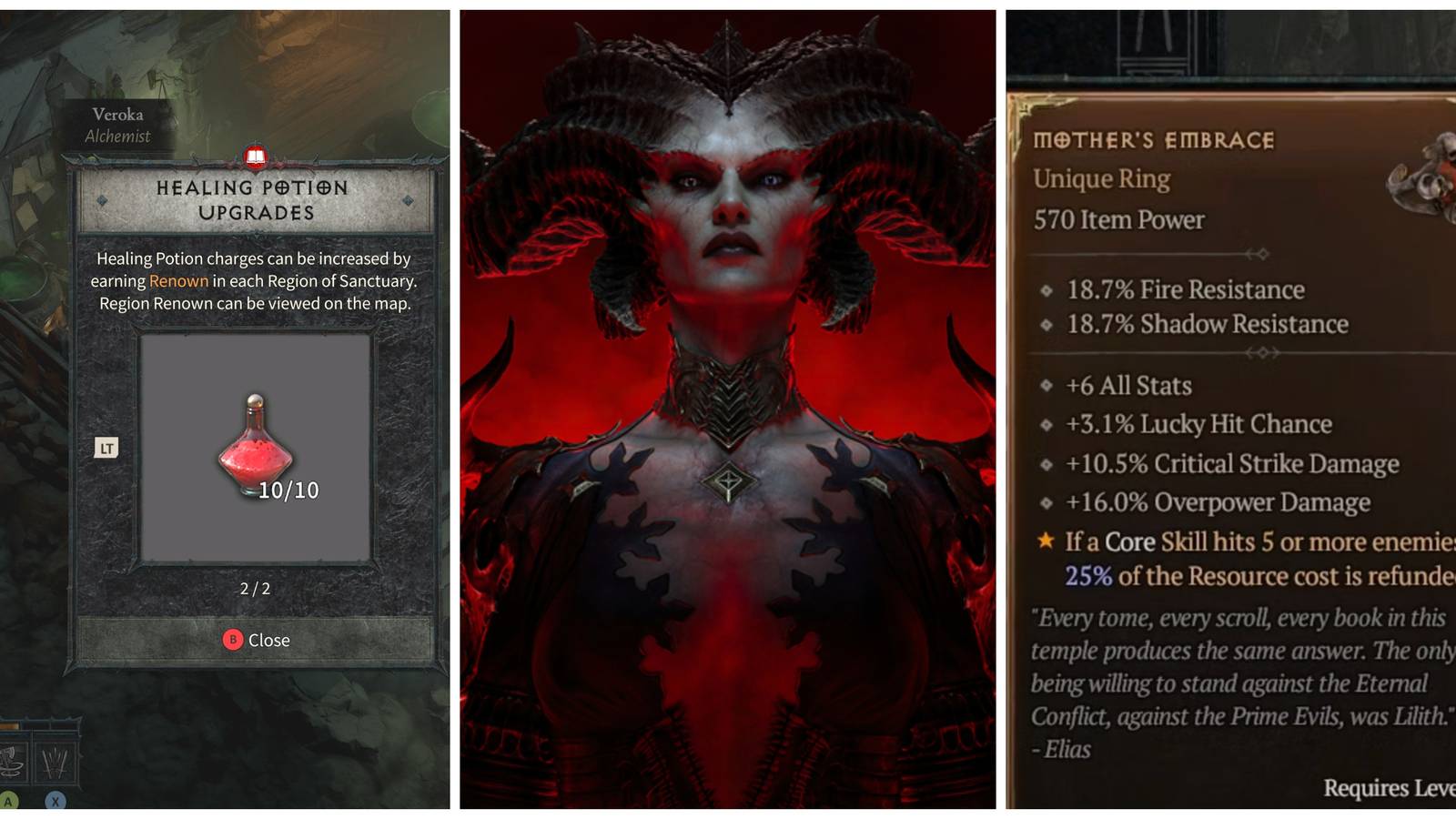diablo 4 lilith boss, healing potion upgrades, mother's embrace ring unlock