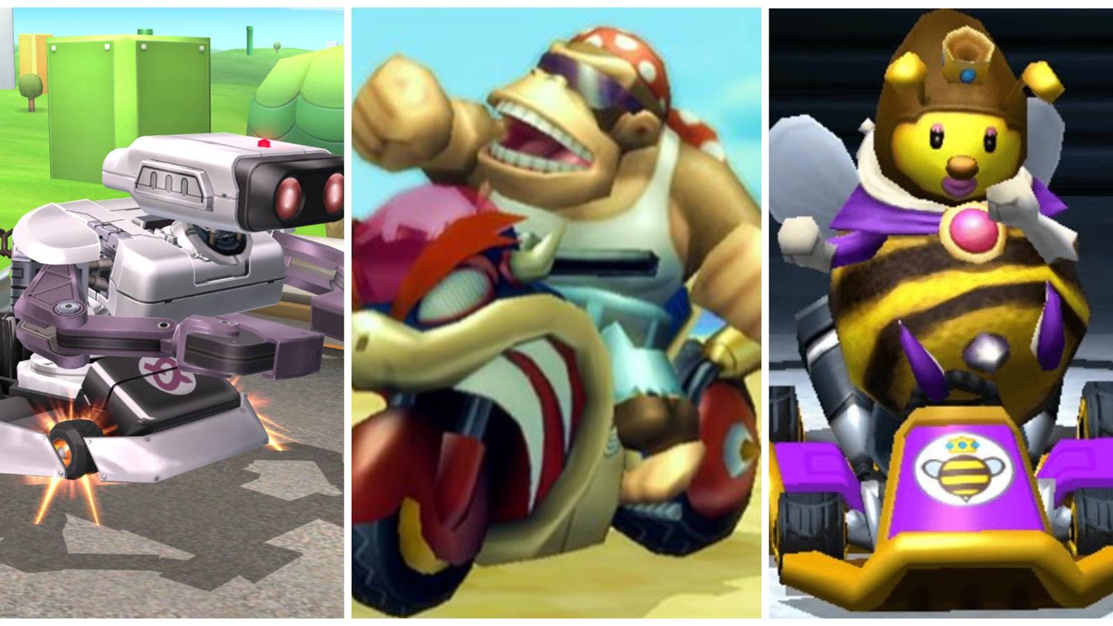 R.O.B from super smash bros, funky kong in mario kart wii, honey queen from mario kart 7