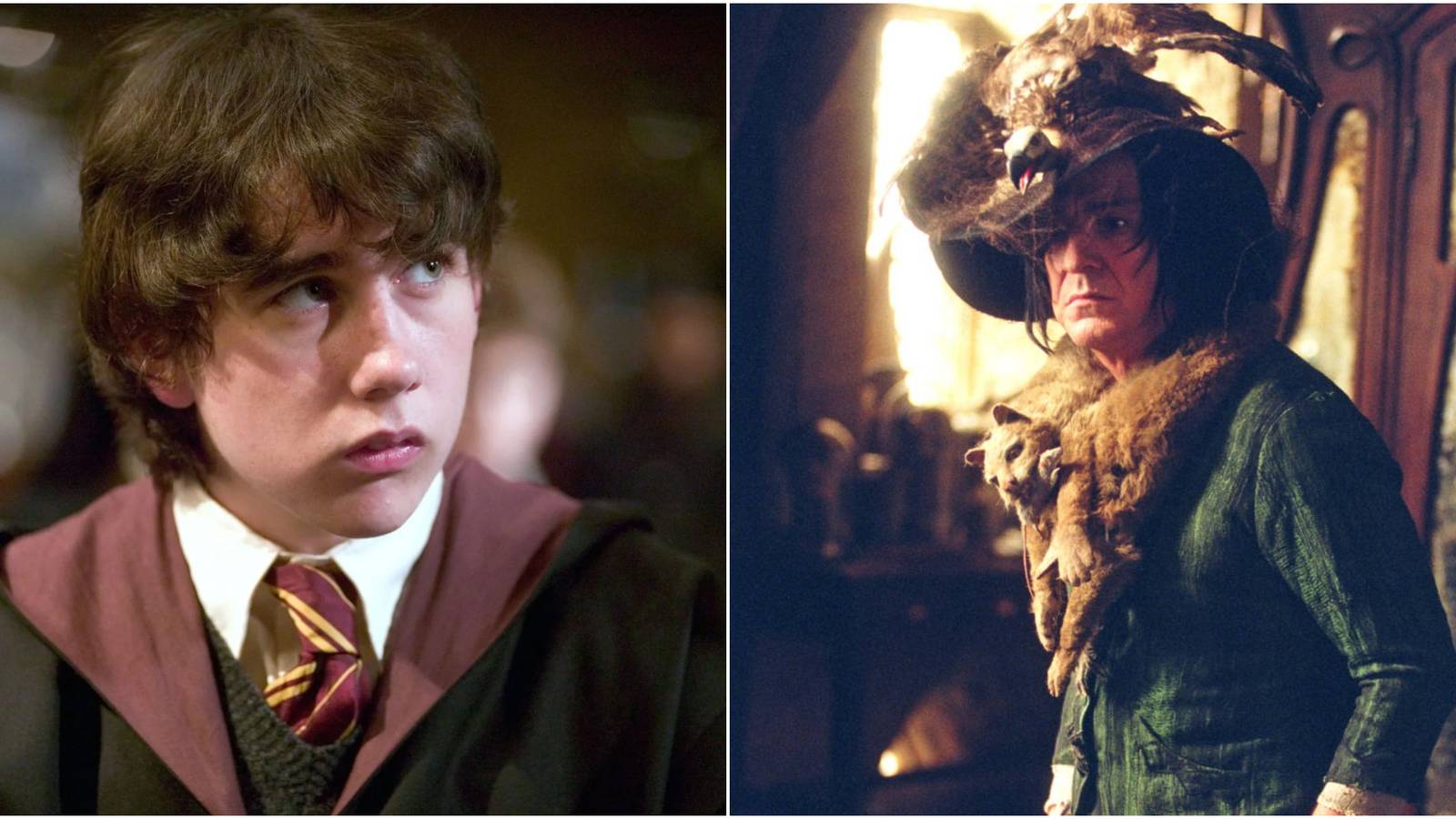 Split image of Neville Longbottom and Neville picturing Snape in his grandmother's clothes in Harry Potter and the Prisoner of Azkaban.