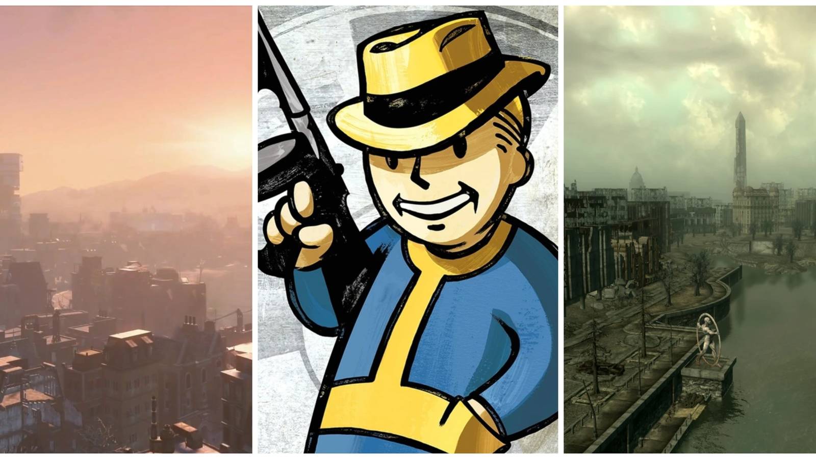 Boston skyline, vault boy in a hat with a gun and DC skyline