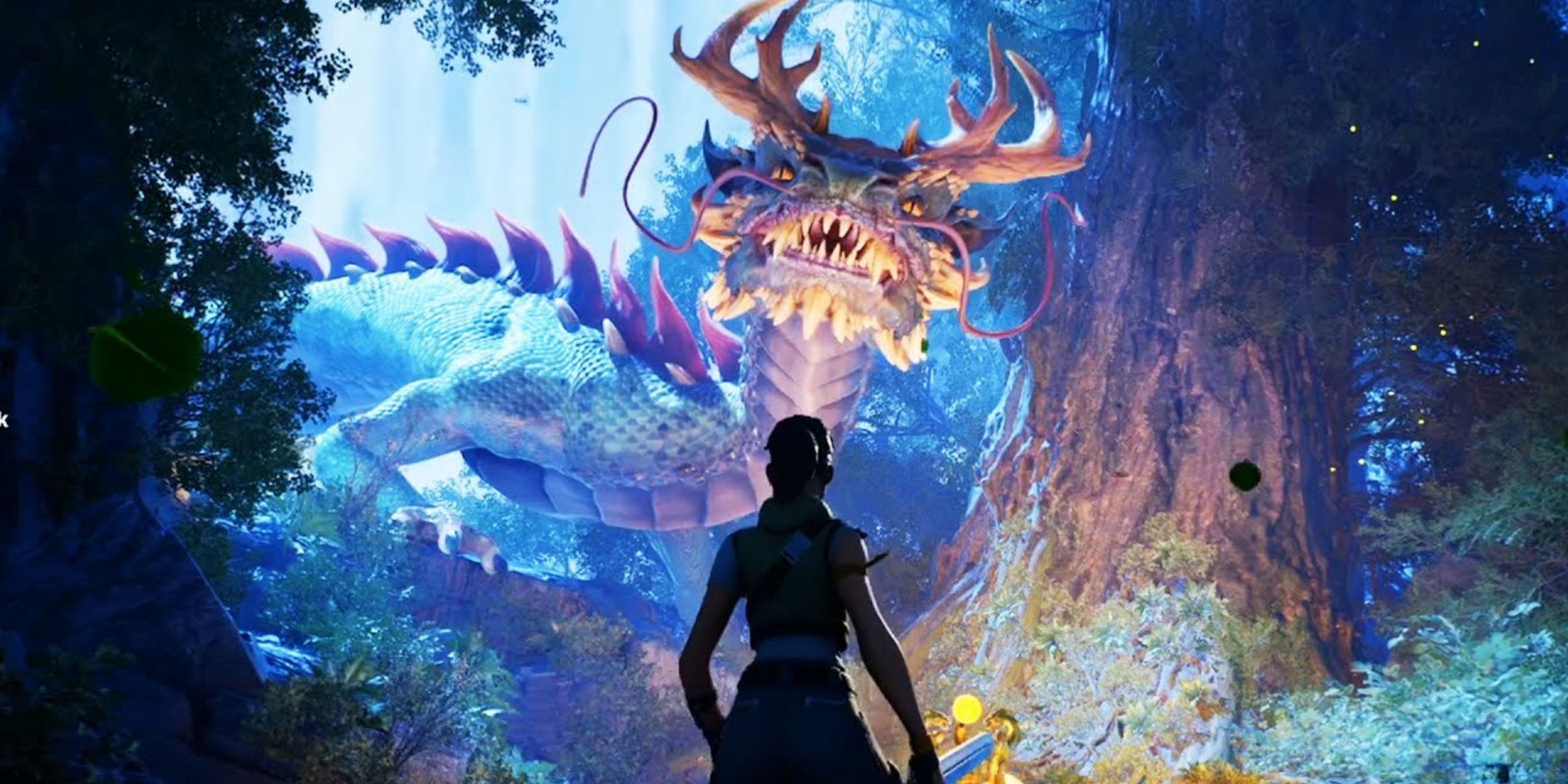 fortnite character against a dragon in UEFN forest guardian