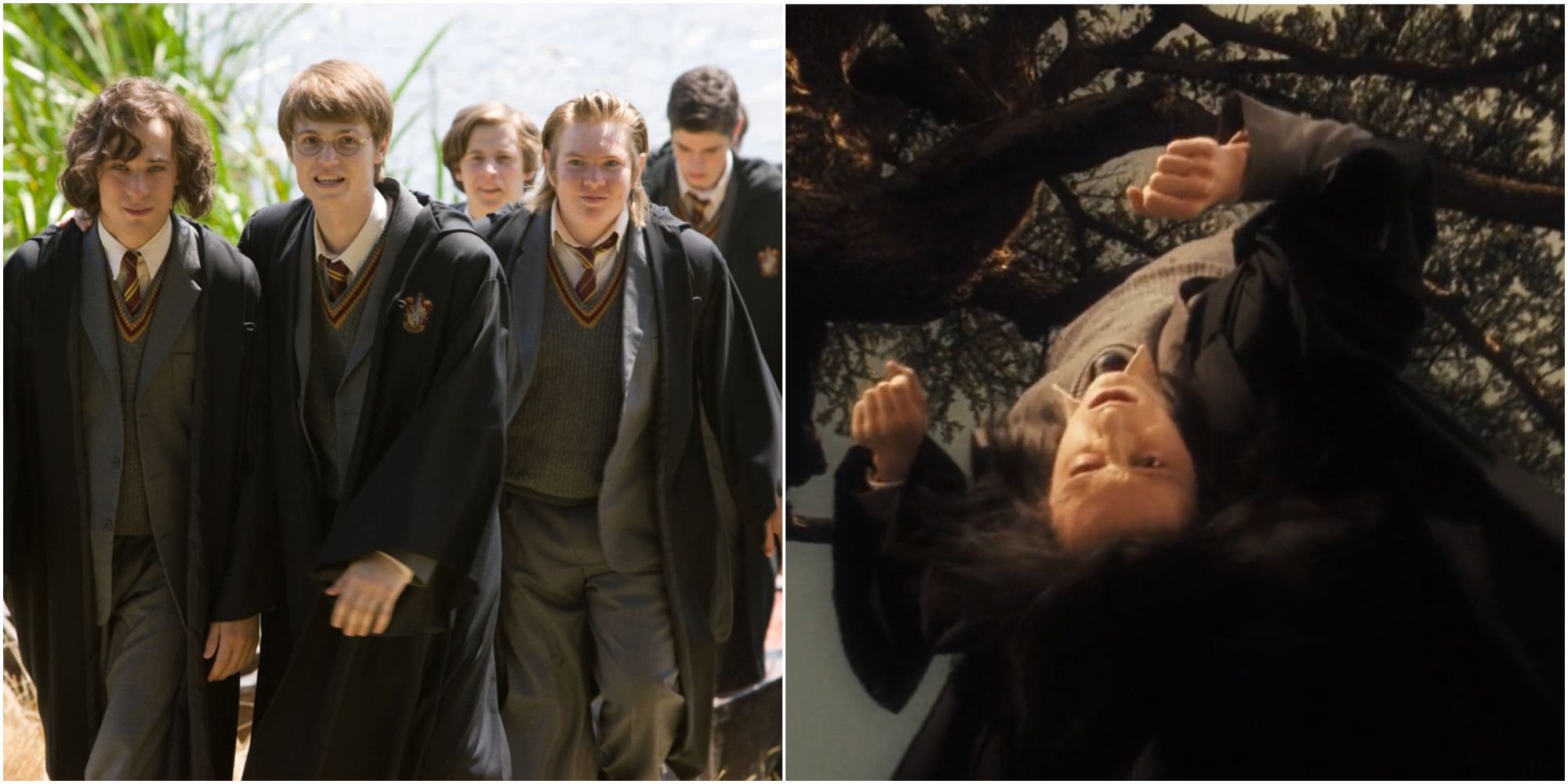 A split image of the Marauders and Snape hung upside down in Harry Potter.