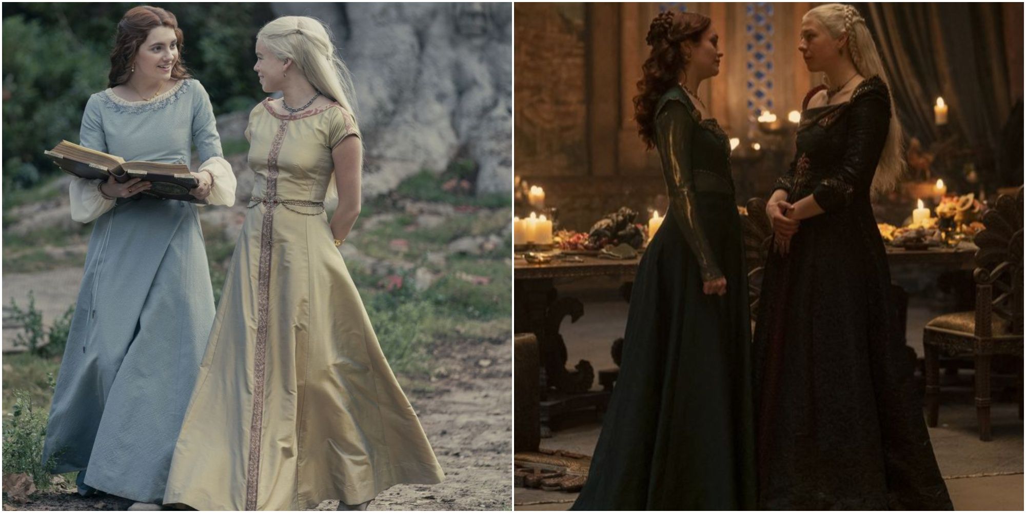 Split image of young Alicent and Rhaenyra and their older iterations in House of the Dragon.