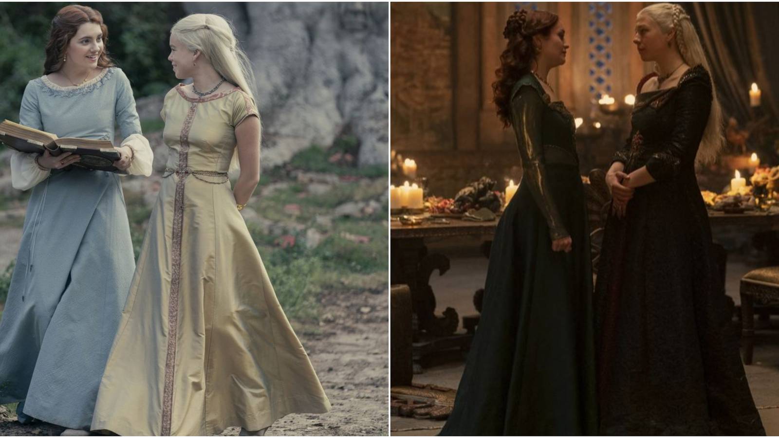 Split image of young Alicent and Rhaenyra and their older iterations in House of the Dragon.