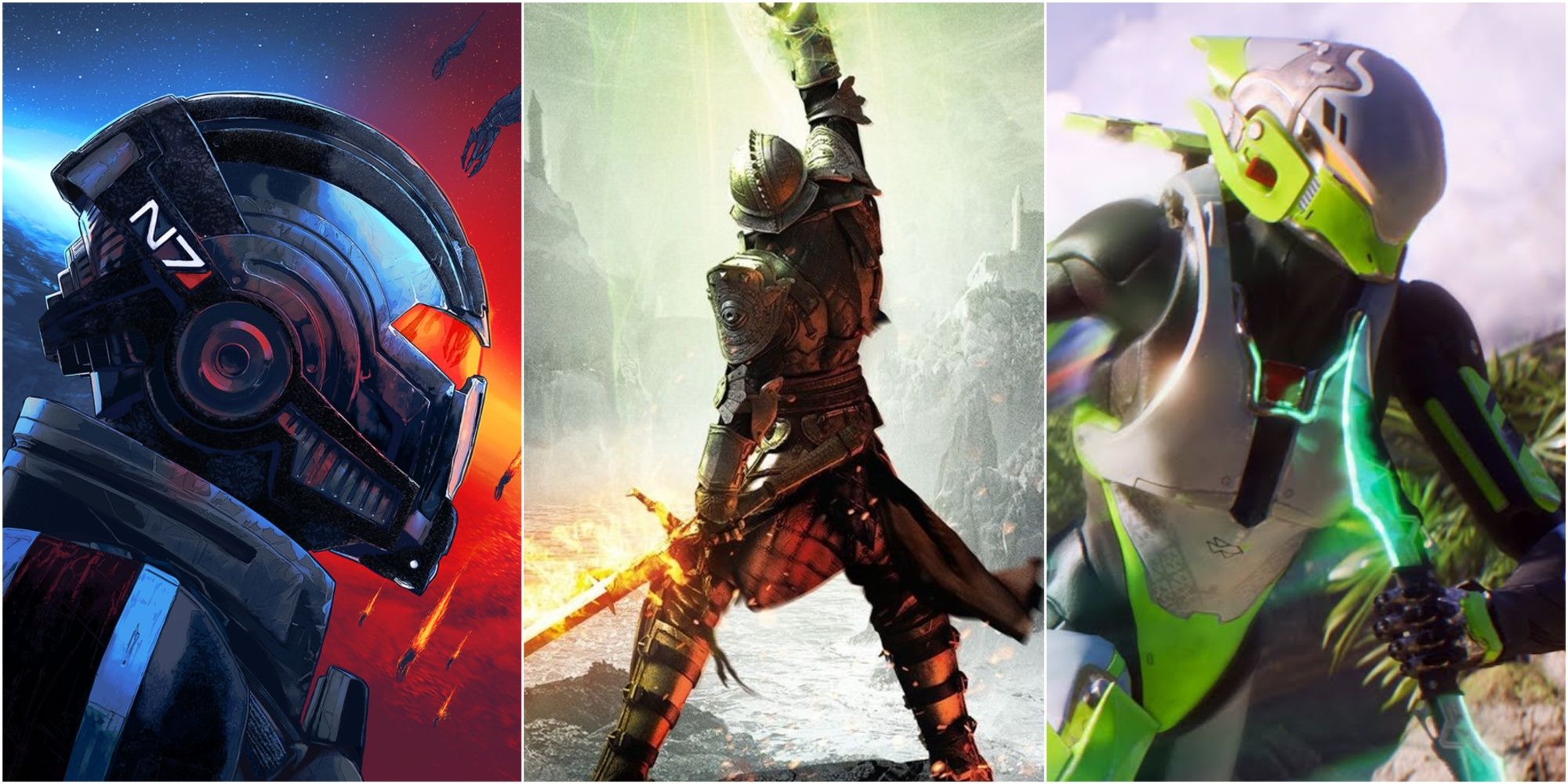 Cover Images Of Mass Effect Legendary Edition, Dragon Age Inquisiton, And Anthem