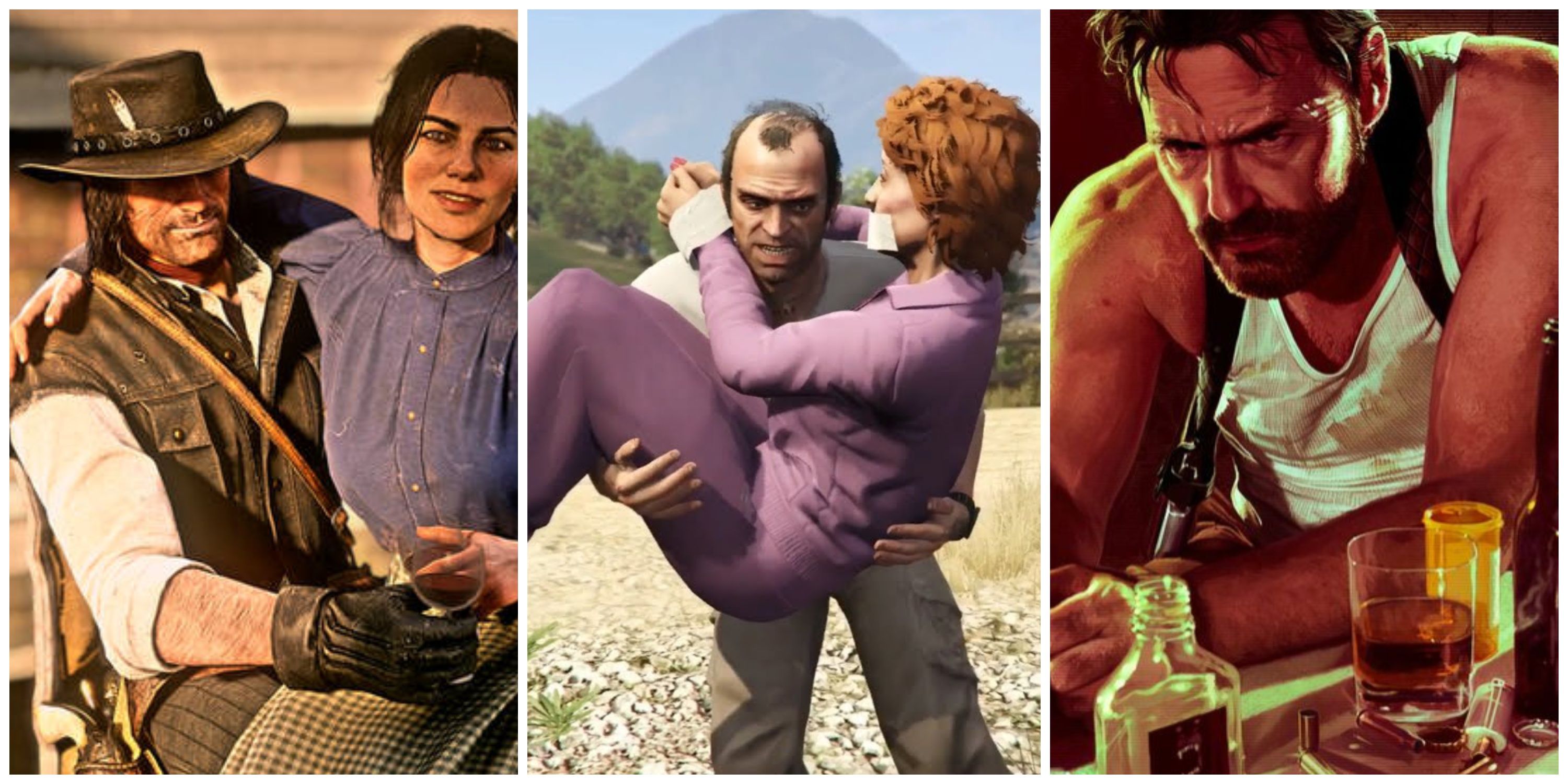john marston and abigail marston in red dead redemption 2, trevor carrying patricia in gta 5, max payne drinking in max payne 3