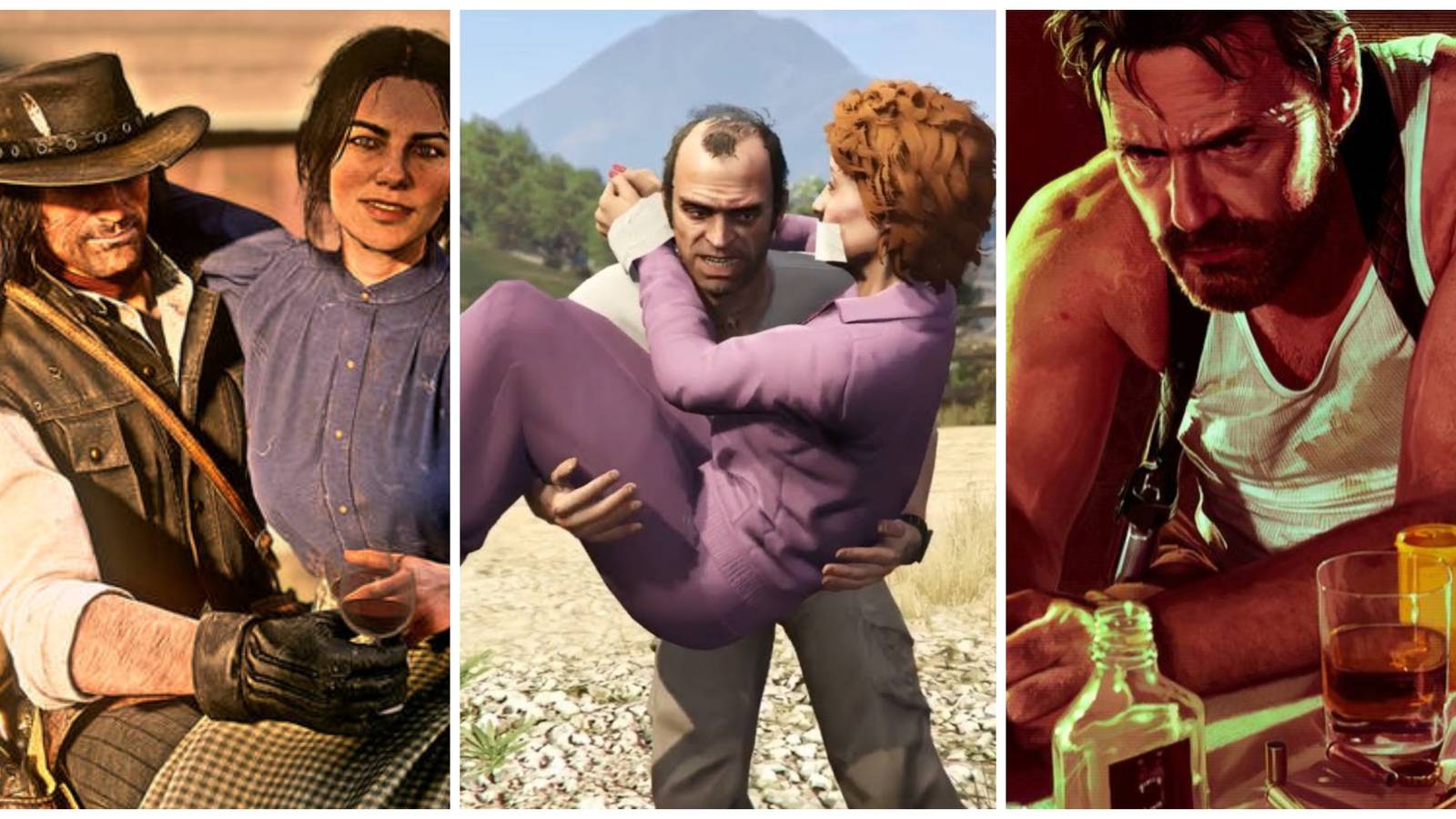 john marston and abigail marston in red dead redemption 2, trevor carrying patricia in gta 5, max payne drinking in max payne 3