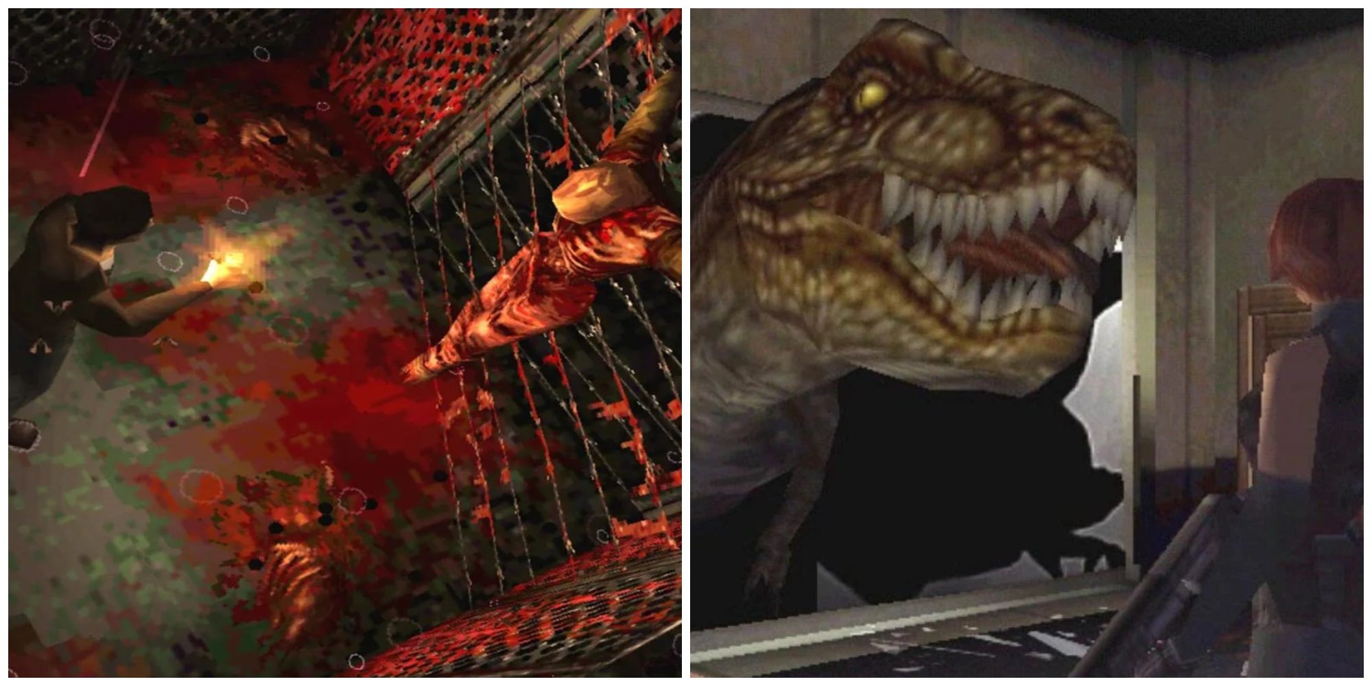 harry from silent hill in an alley and regina from dino crisis facing a t-rex