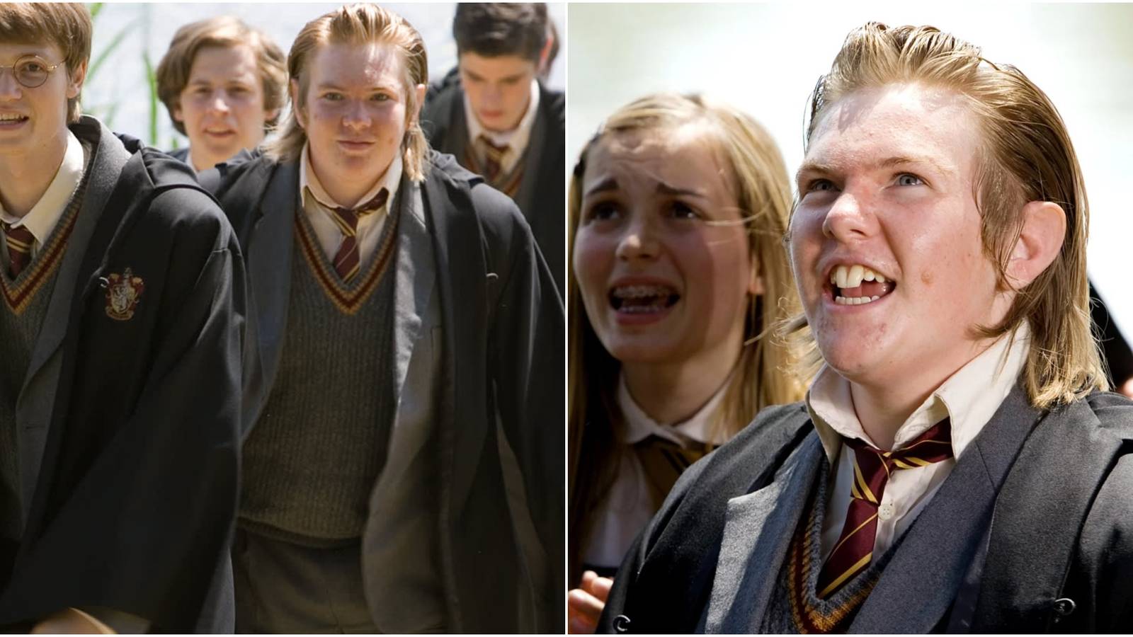 Split image of James Potter with Peter Pettigrew and an excited Pettigrew in Harry Potter.