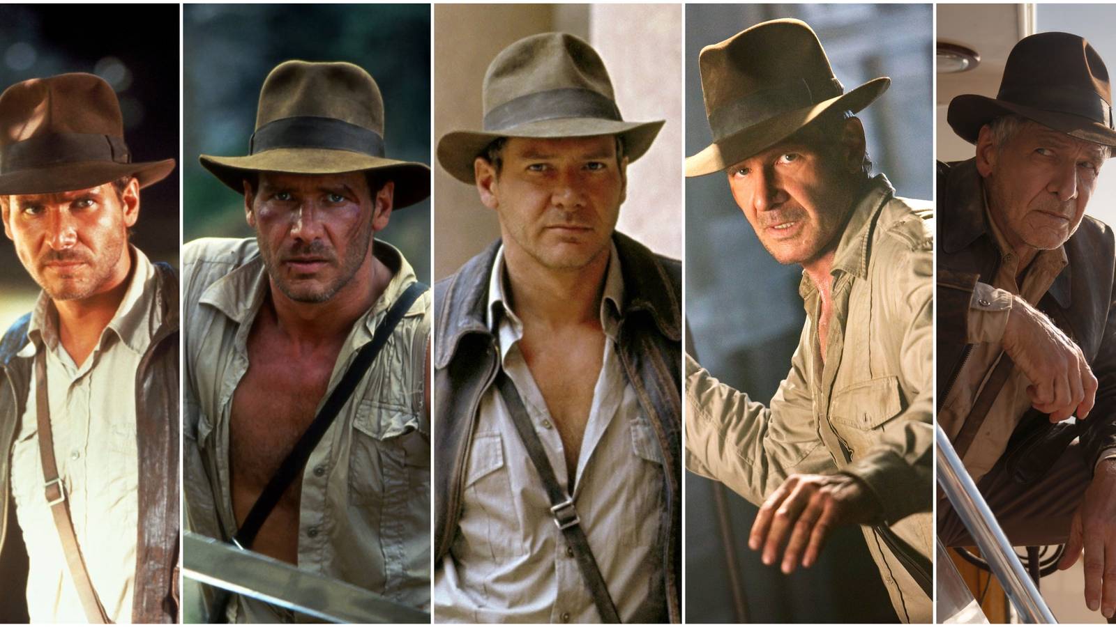 indiana jones throughout the years from raiders of the lost ark to dial of destiny