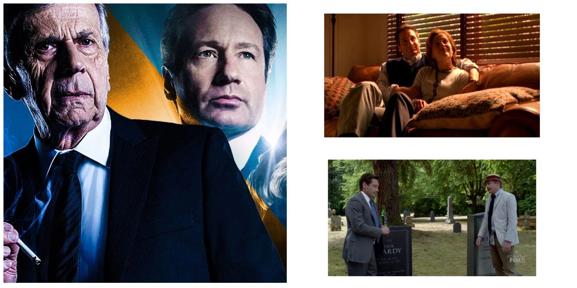 Left: The Cigarette Smoking Man and Mulder. Top-Right: Mulder and Scully. Bottom-Right: Mulder and Guy Mann.