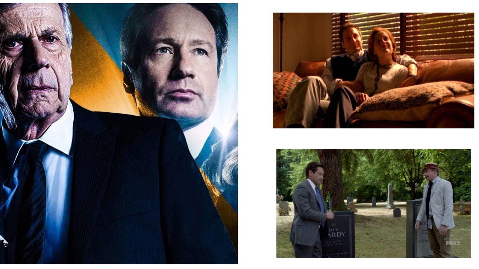Left: The Cigarette Smoking Man and Mulder. Top-Right: Mulder and Scully. Bottom-Right: Mulder and Guy Mann.