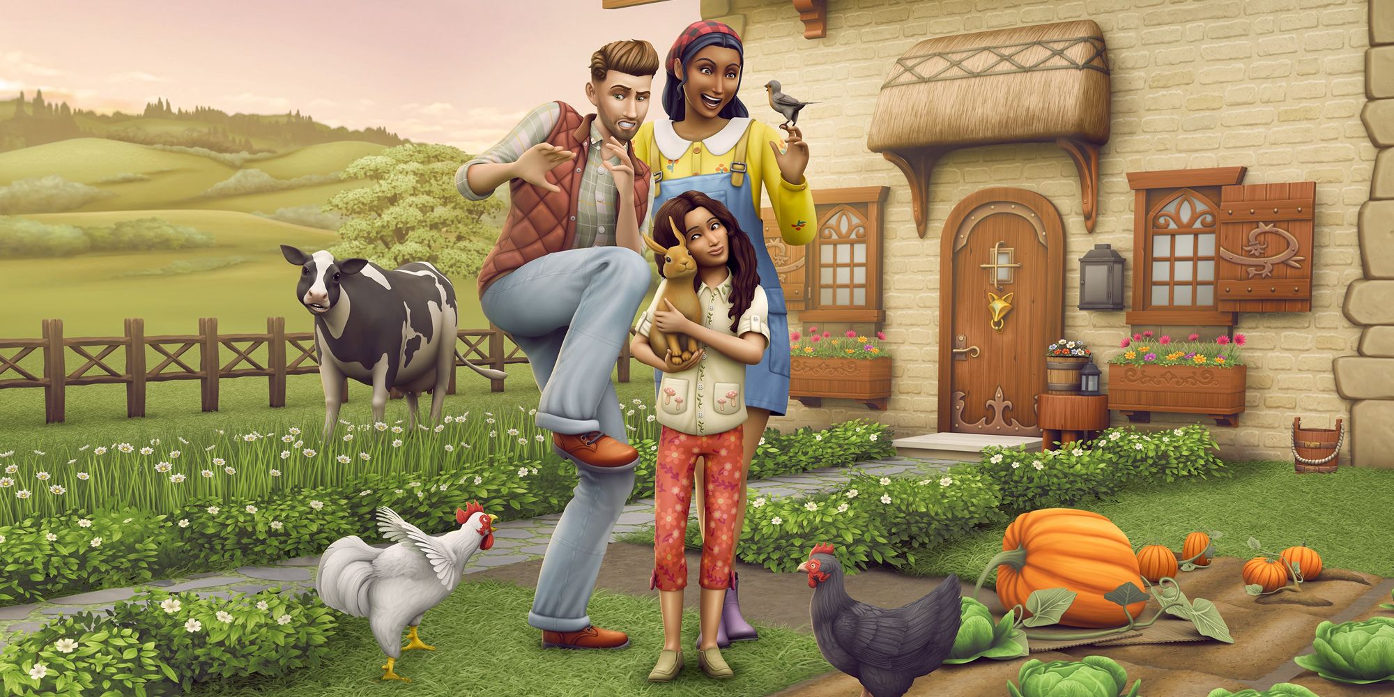 Family of Sims living in a cottage farm in The Sims 4: Cottage Living