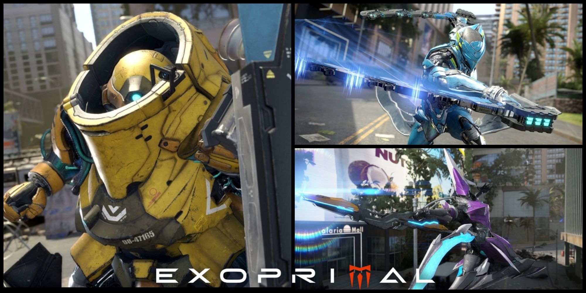 A cover image for Exoprimal Exosuits, featuring Roadblock, Skywave, and Zephyr