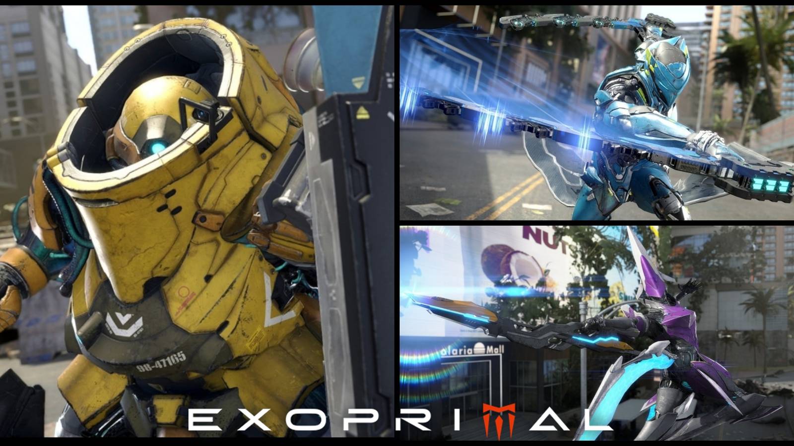 A cover image for Exoprimal Exosuits, featuring Roadblock, Skywave, and Zephyr