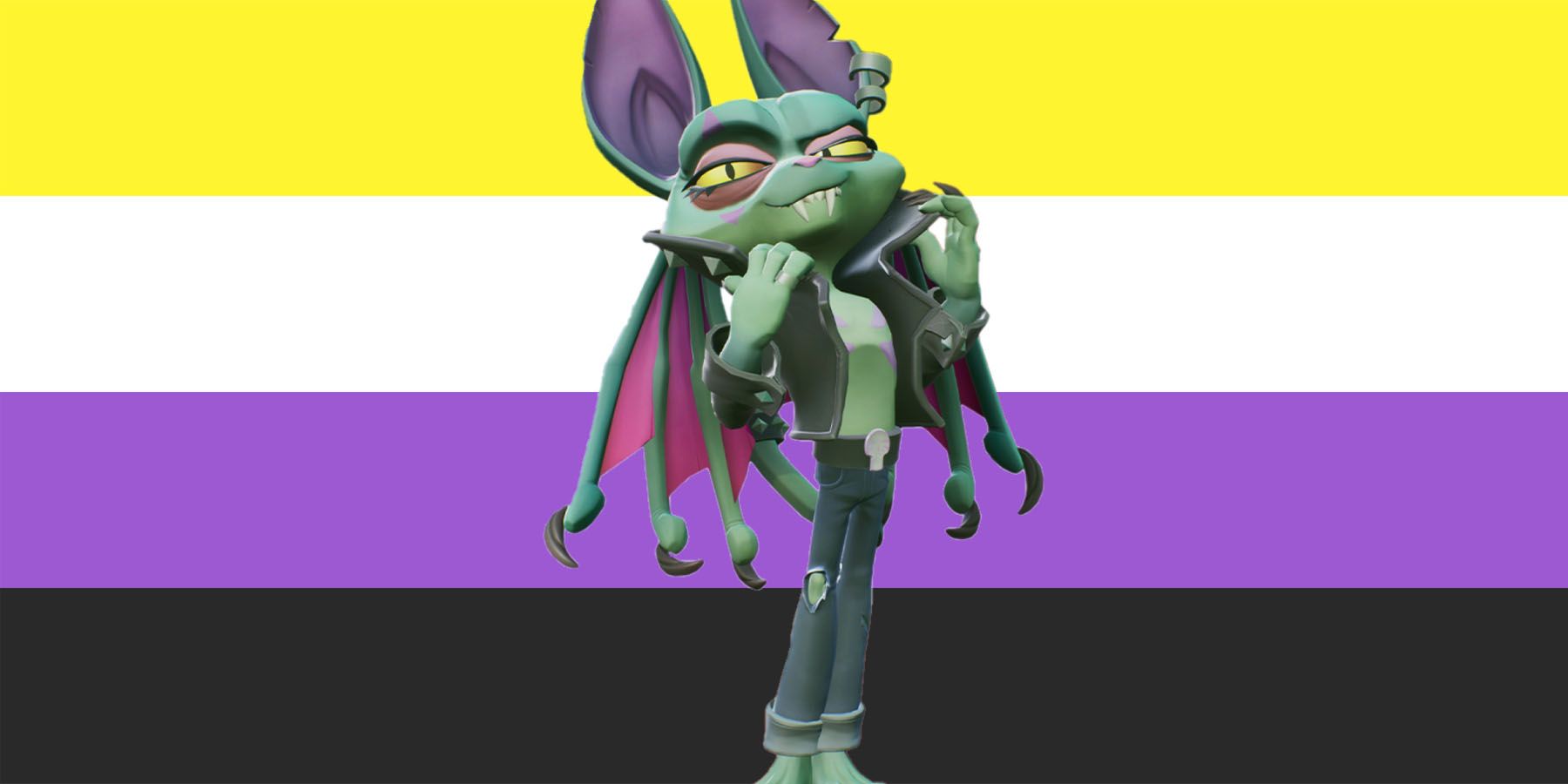 An image of Crash Team Rumble's CatBat standing in front of a non-binary flag.