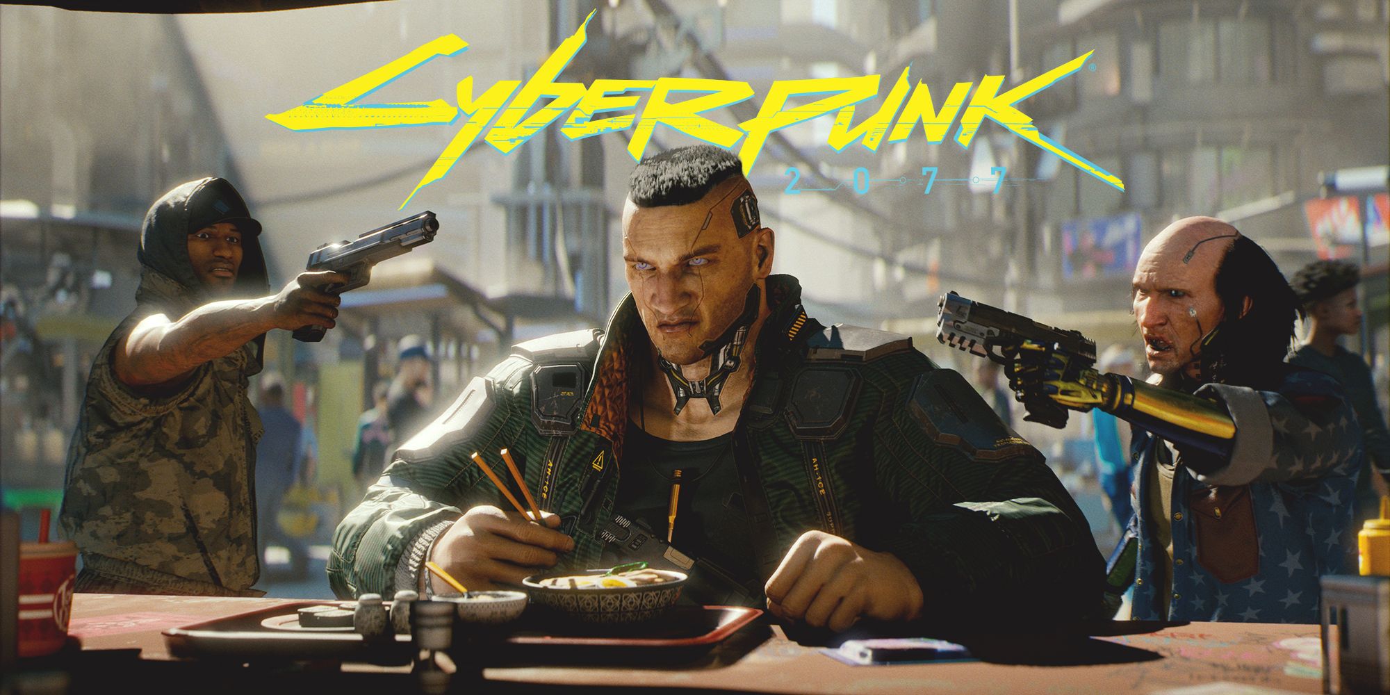 Cyberpunk 2077 open restaurant robbery screenshot with game logo