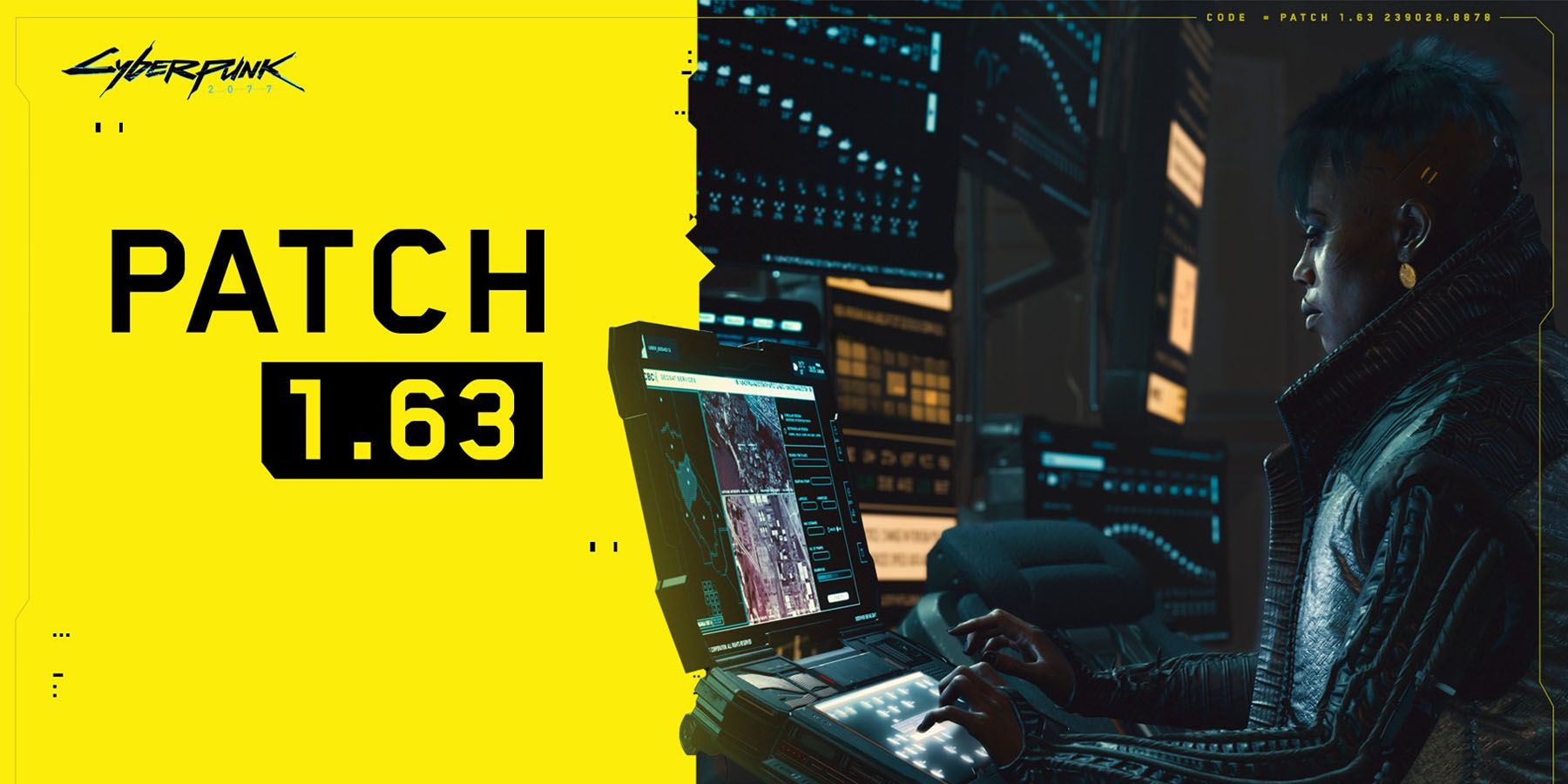 A promotional image for Cyberpunk 2077's Patch 1.63 update, featuring a hacker at their computer in front of a yellow background.