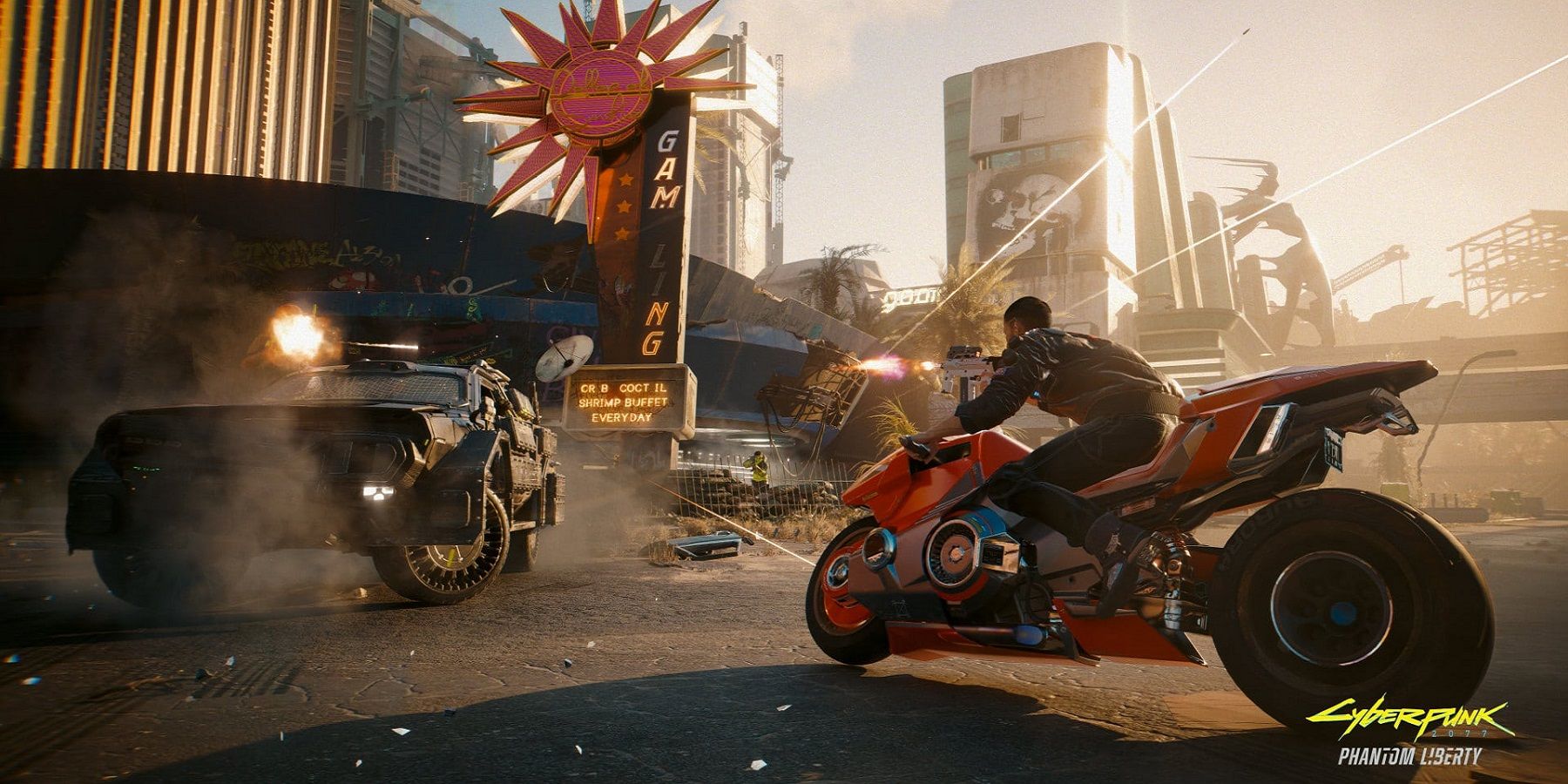 Image from Cyberpunk 2077: Phantom Liberty shwing the exterior of a run down casino.