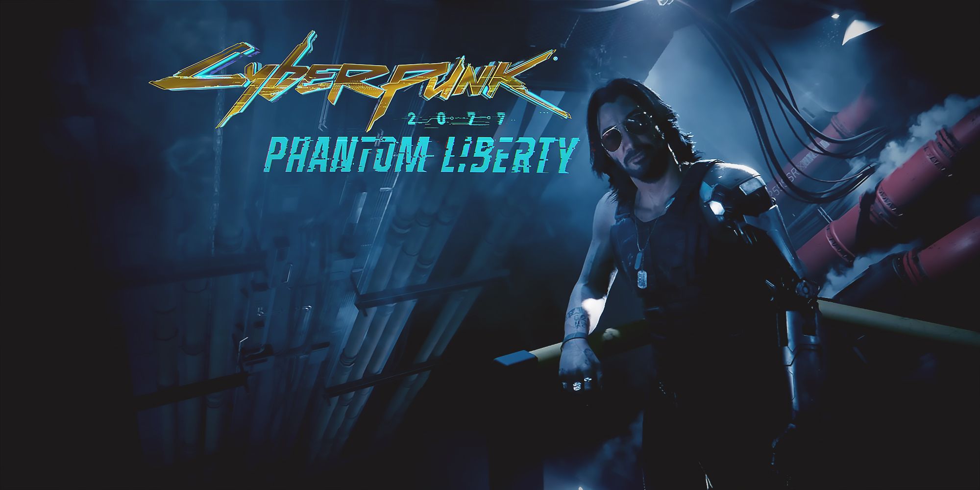 Cyberpunk 2077 Phantom Liberty Keanu Reeves as Johnny Silverhand leaning on pipe rail