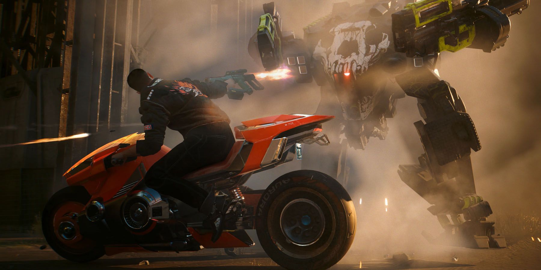 A screenshot of V shooting at a mech on top of a motorcycle in Cyberpunk 2077: Phantom Liberty.