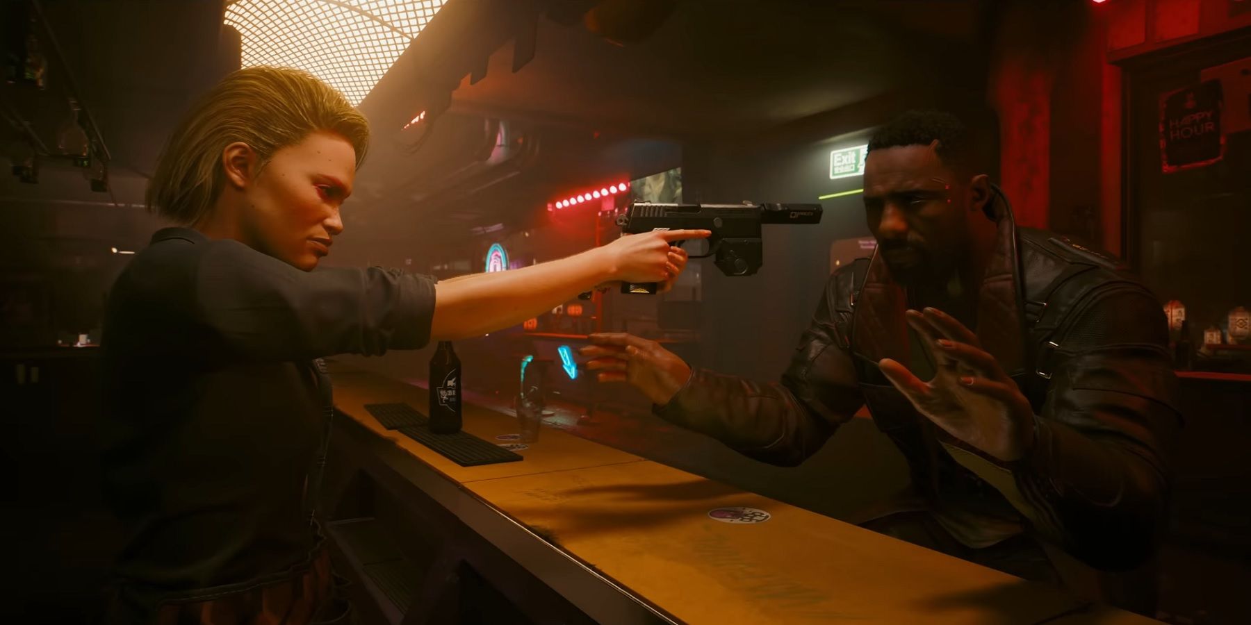 Image from Cyberpunk 2077 Phantom Liberty DLC showing V pointing a gun at Idris Elba's character.