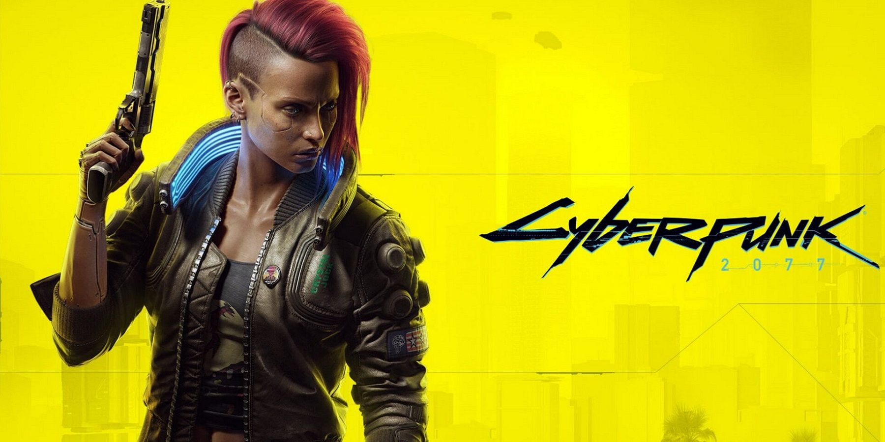 Cyberpunk 2077 image showing female V on a bright yellow brackground.