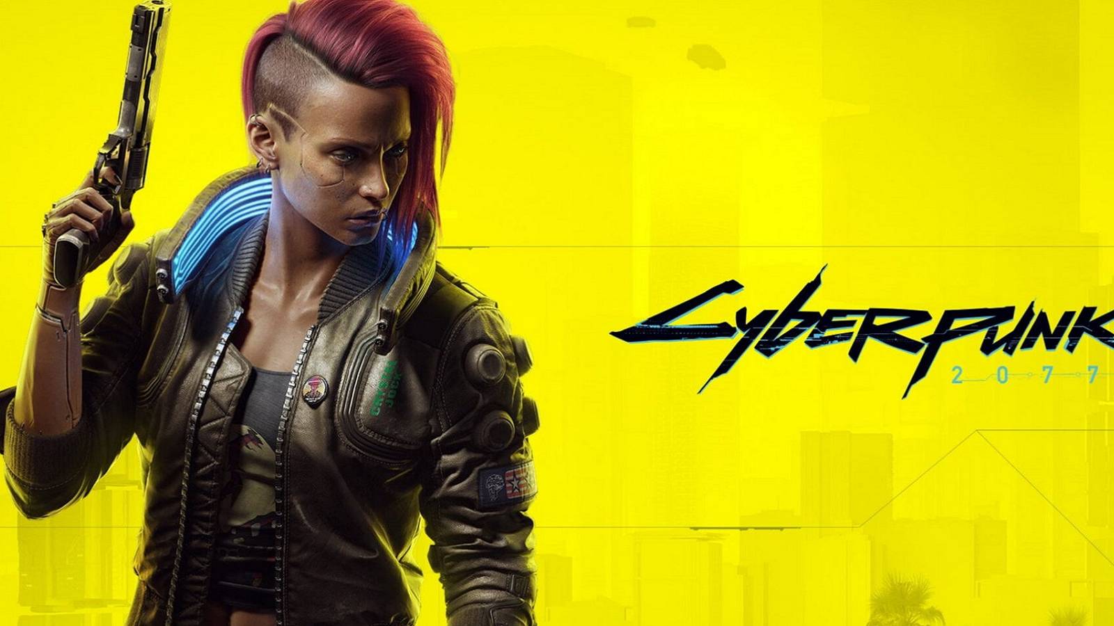 Cyberpunk 2077 image showing female V on a bright yellow brackground.