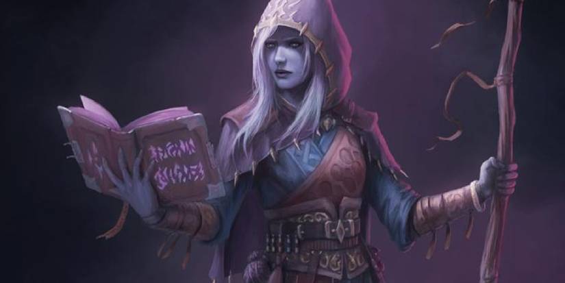 A spellcaster looking into their spellbook, the cover glowing with purple runes. 
