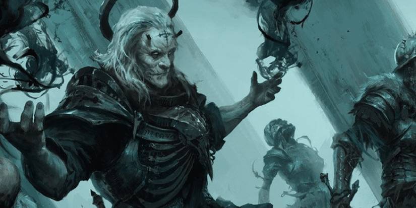 A caster wearing dark,m sletal armor casts a spell of swirling black energy that enters the bodies surrounding him.