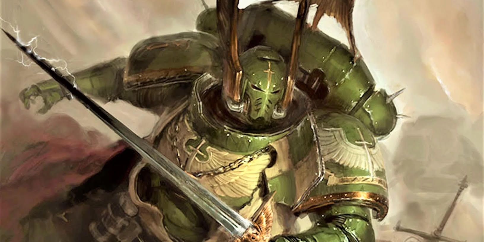 A Dark Angels Marine bears his sword that crackles with energy