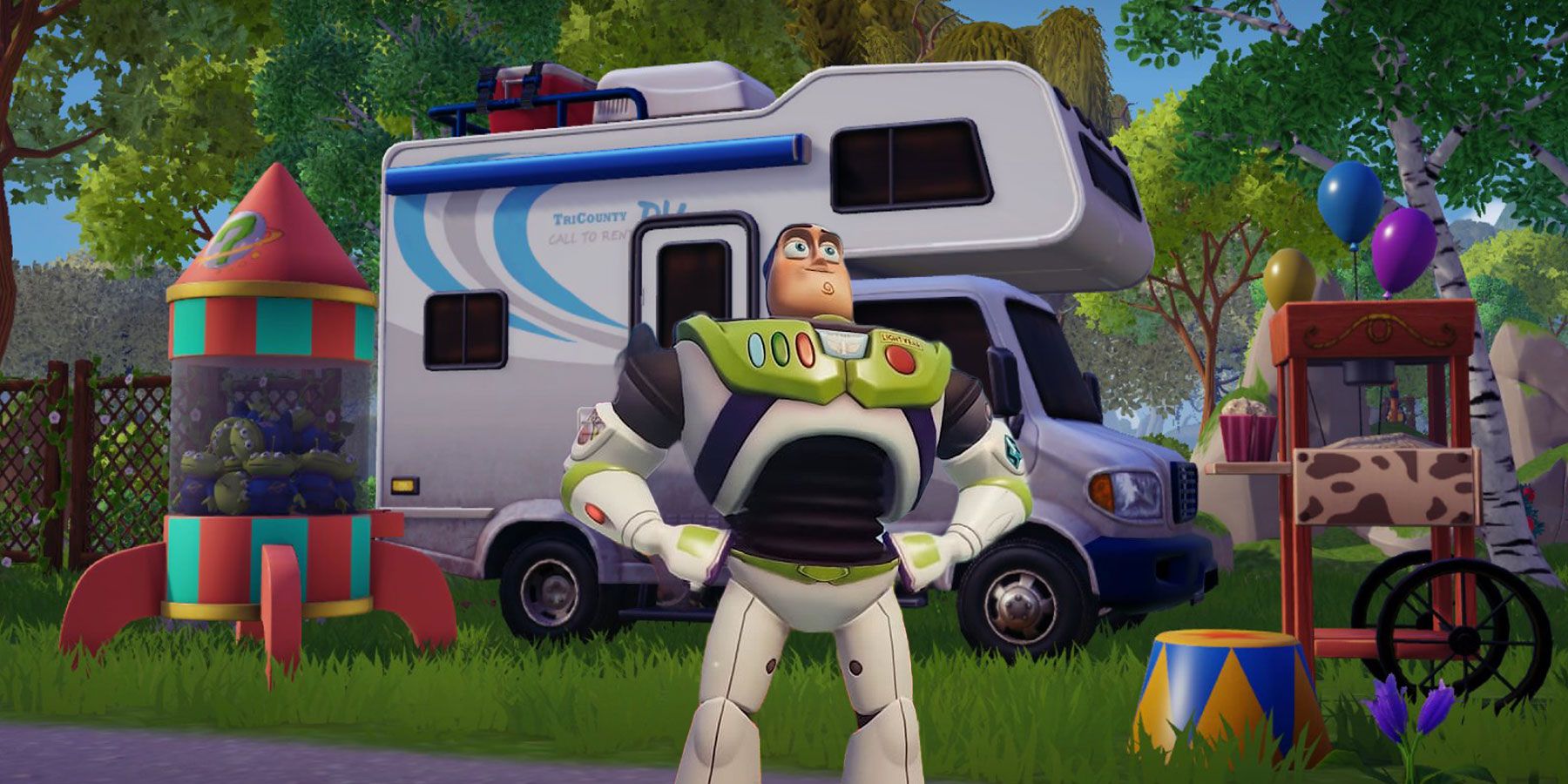 Buzz Lightyear in front of a camper van in Disney Dreamlight Valley