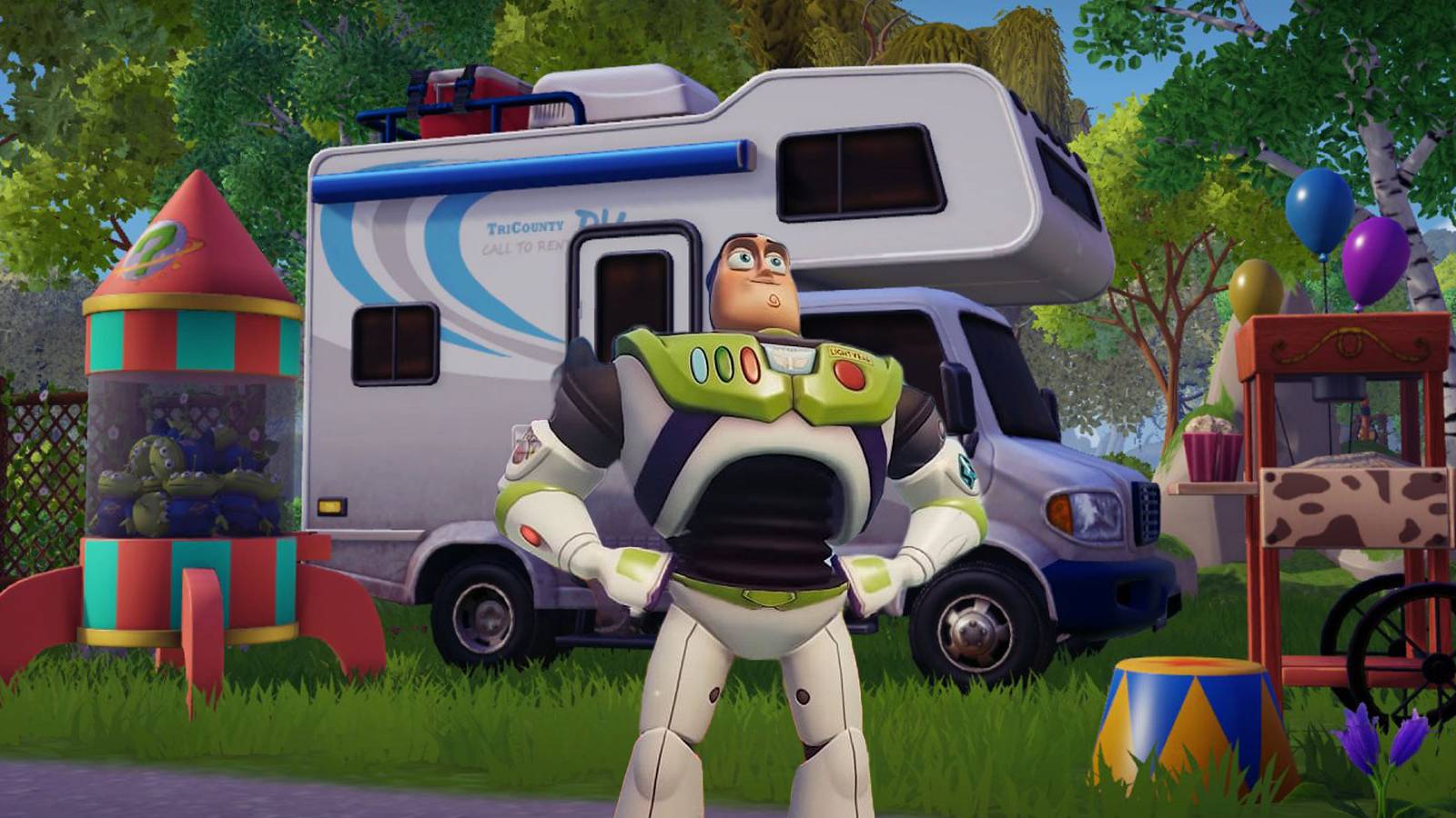 Buzz Lightyear in front of a camper van in Disney Dreamlight Valley