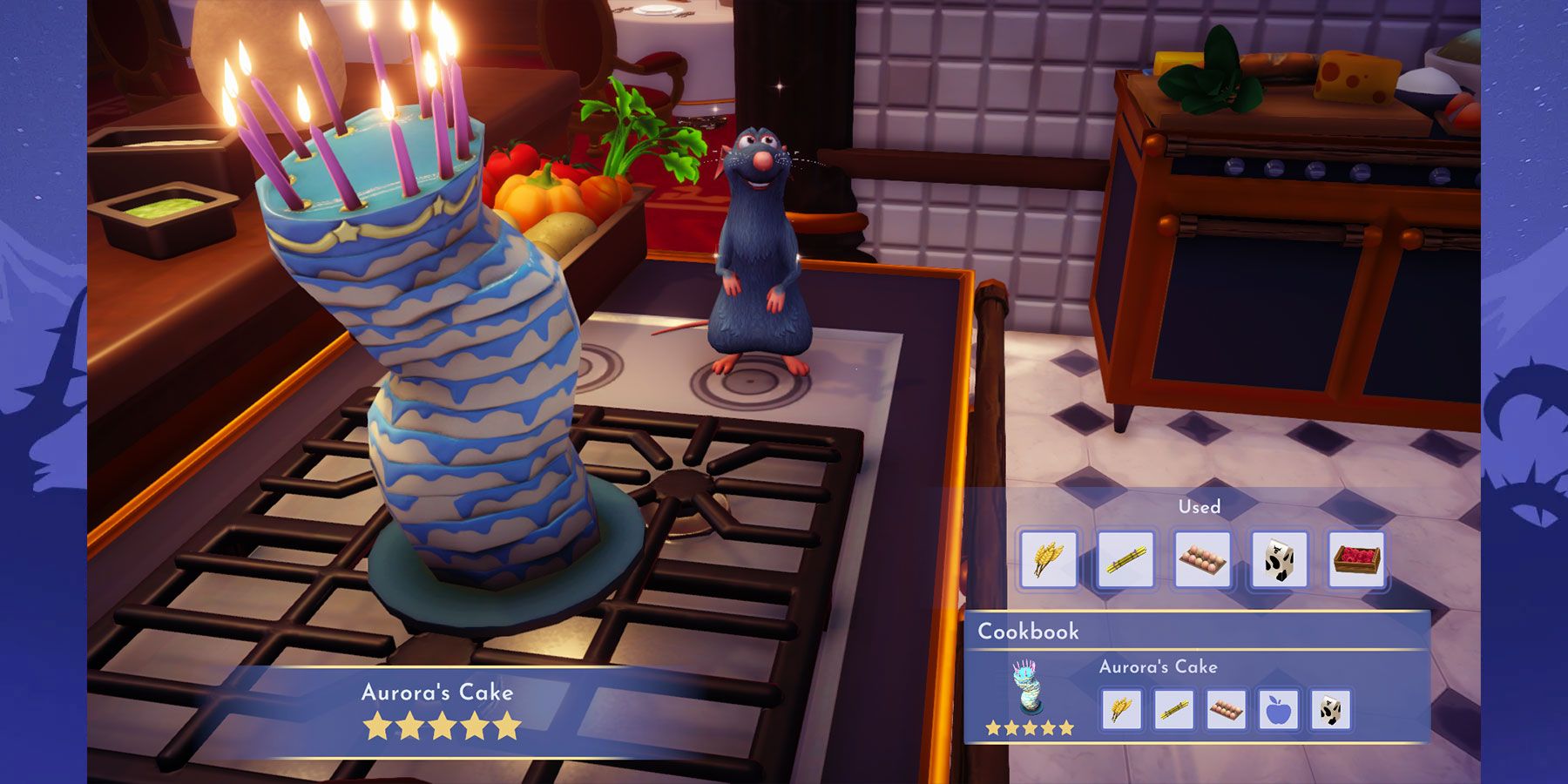 Cooking an Aurora's Cake in Disney Dreamlight Valley.