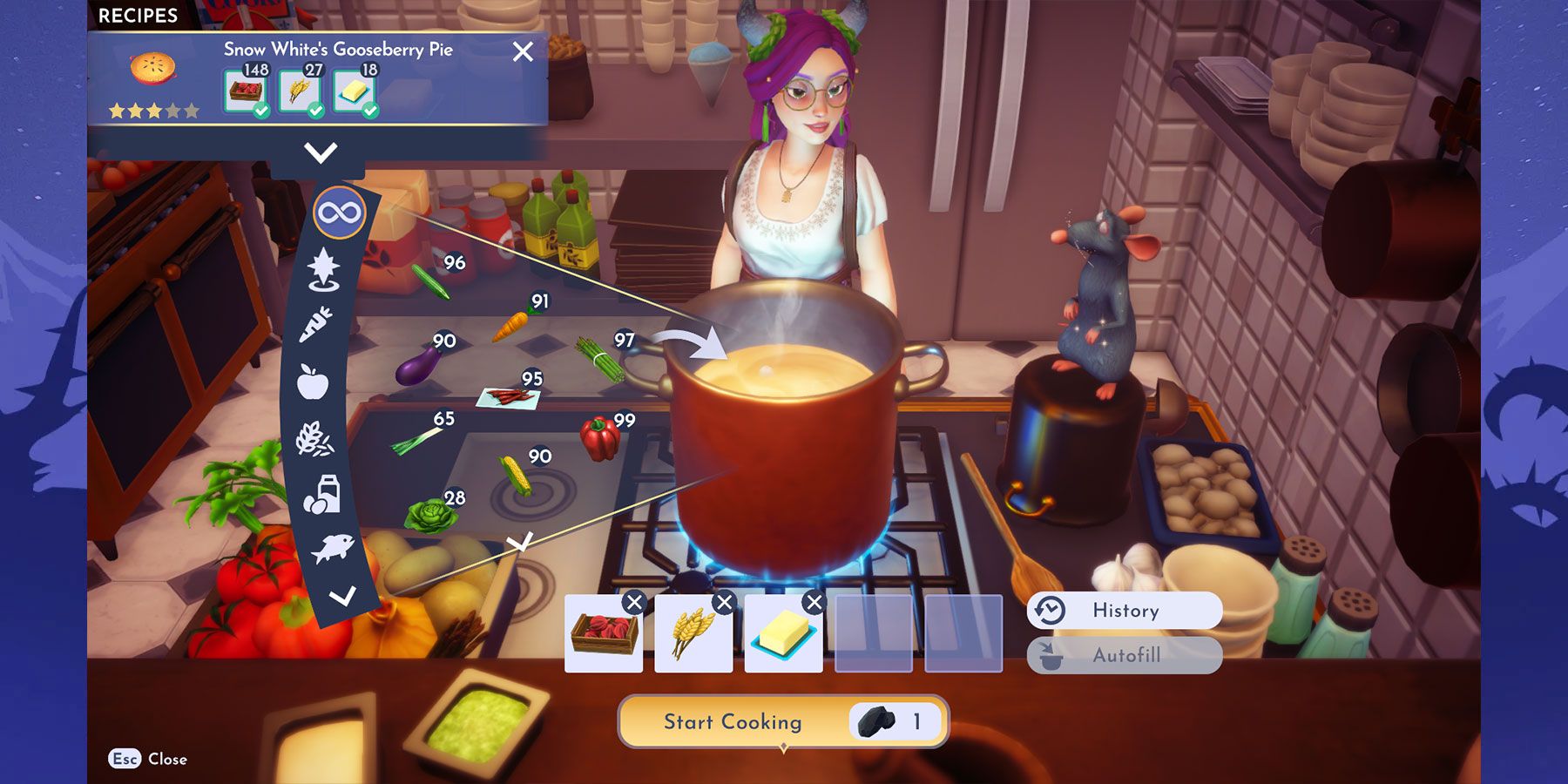 Cooking Snow White's Gooseberry Pie in Disney Dreamlight Valley.