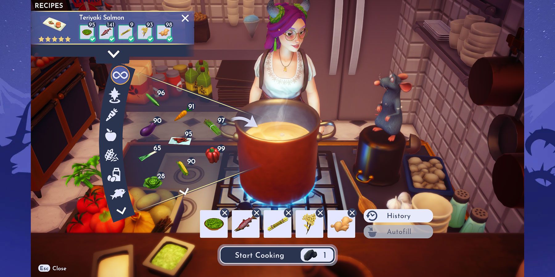 Cooking Teriyaki Salmon in Disney Dreamlight Valley.