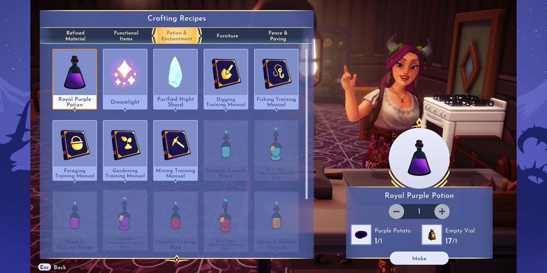 Crafting the Royal Purple Potion in Disney Dreamlight Valley.