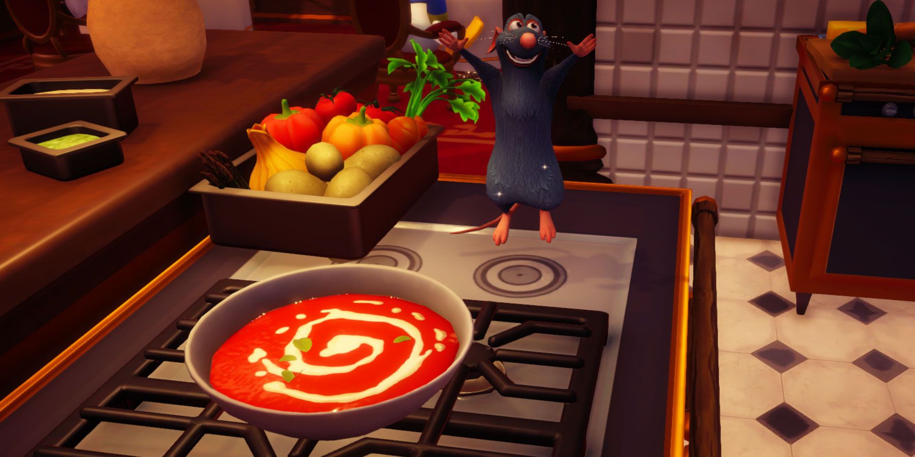 Preparing Tomato Soup in Disney Dreamlight Valley.